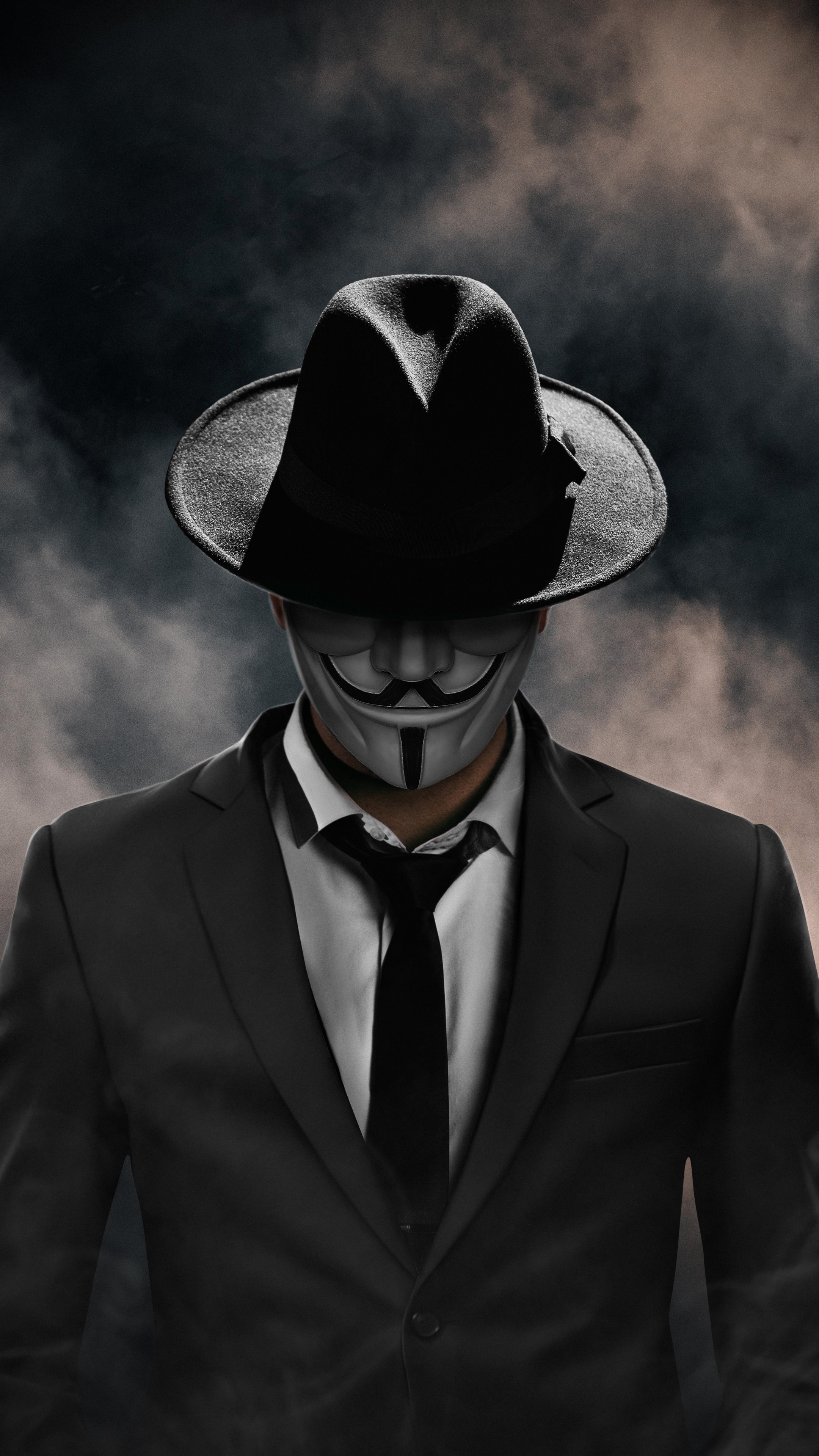 Anonymous figure in a suit and hat HD Phone Wallpaper