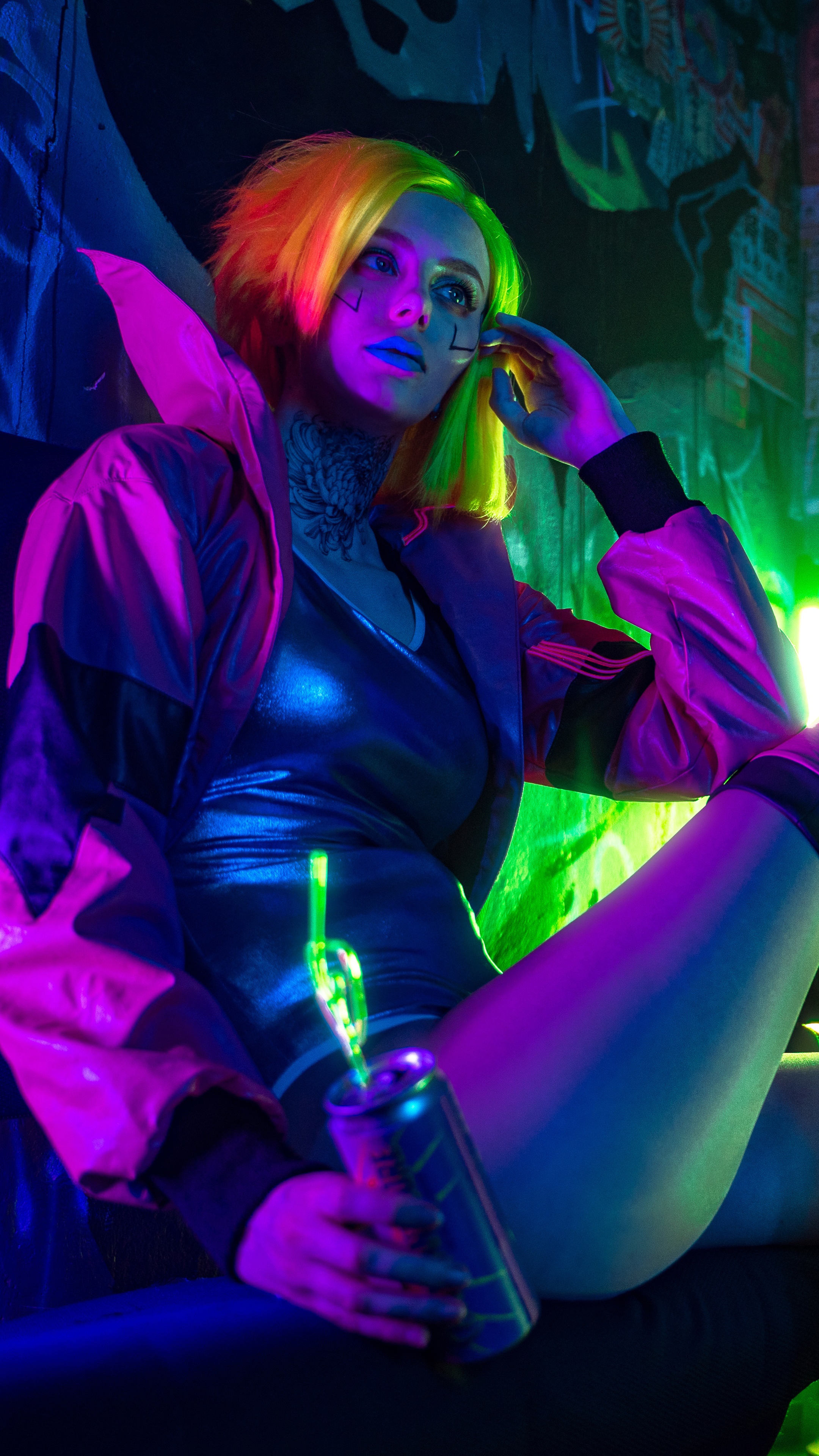 Cyberpunk cosplay with neon lighting HD Phone Wallpaper