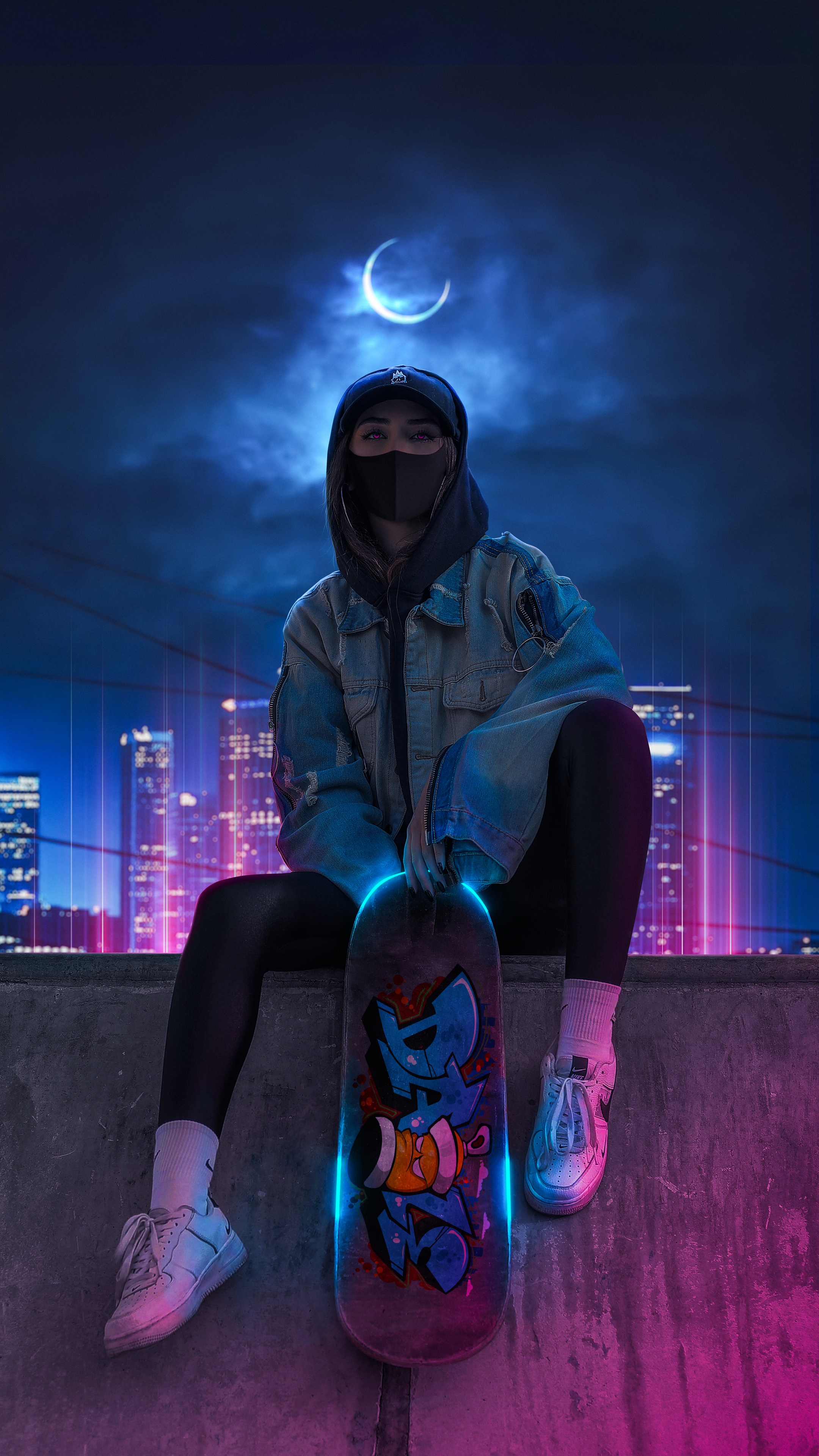 Artwork of a person with a skateboard at night HD Phone Wallpaper
