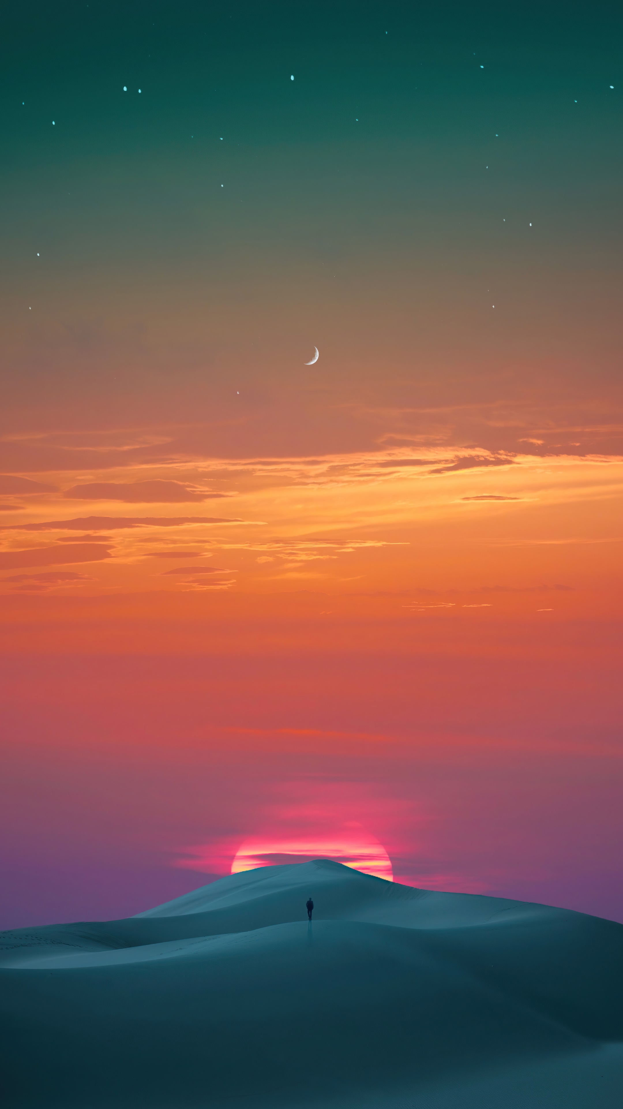 Digital artwork of a lone figure at sunset in the desert HD Phone Wallpaper