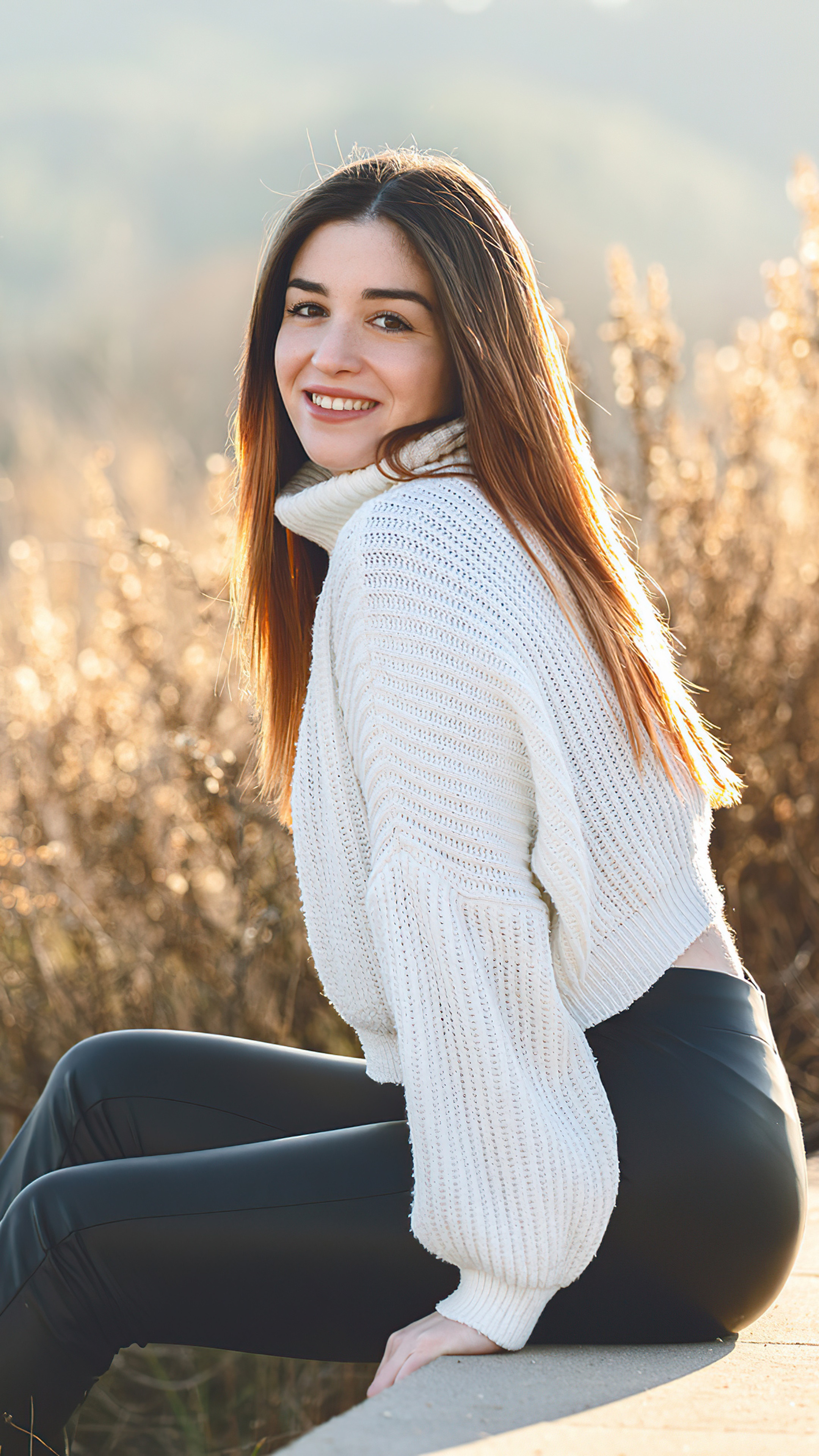 Girl in white sweater and black pants HD Phone Wallpaper