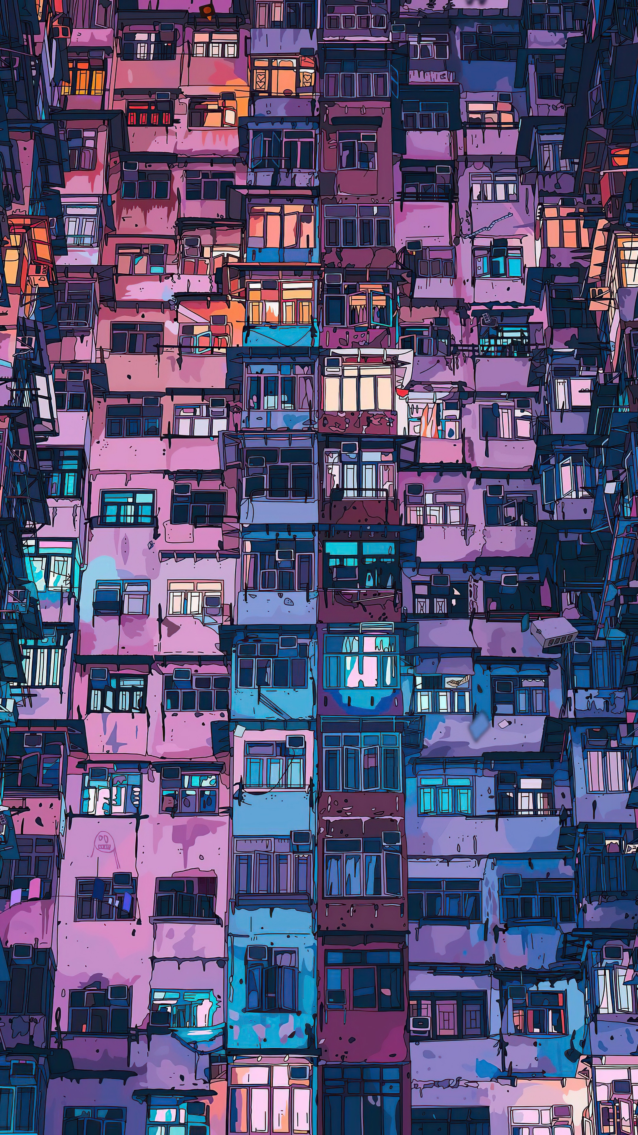 Digital artwork of densely packed apartment buildings HD Phone Wallpaper