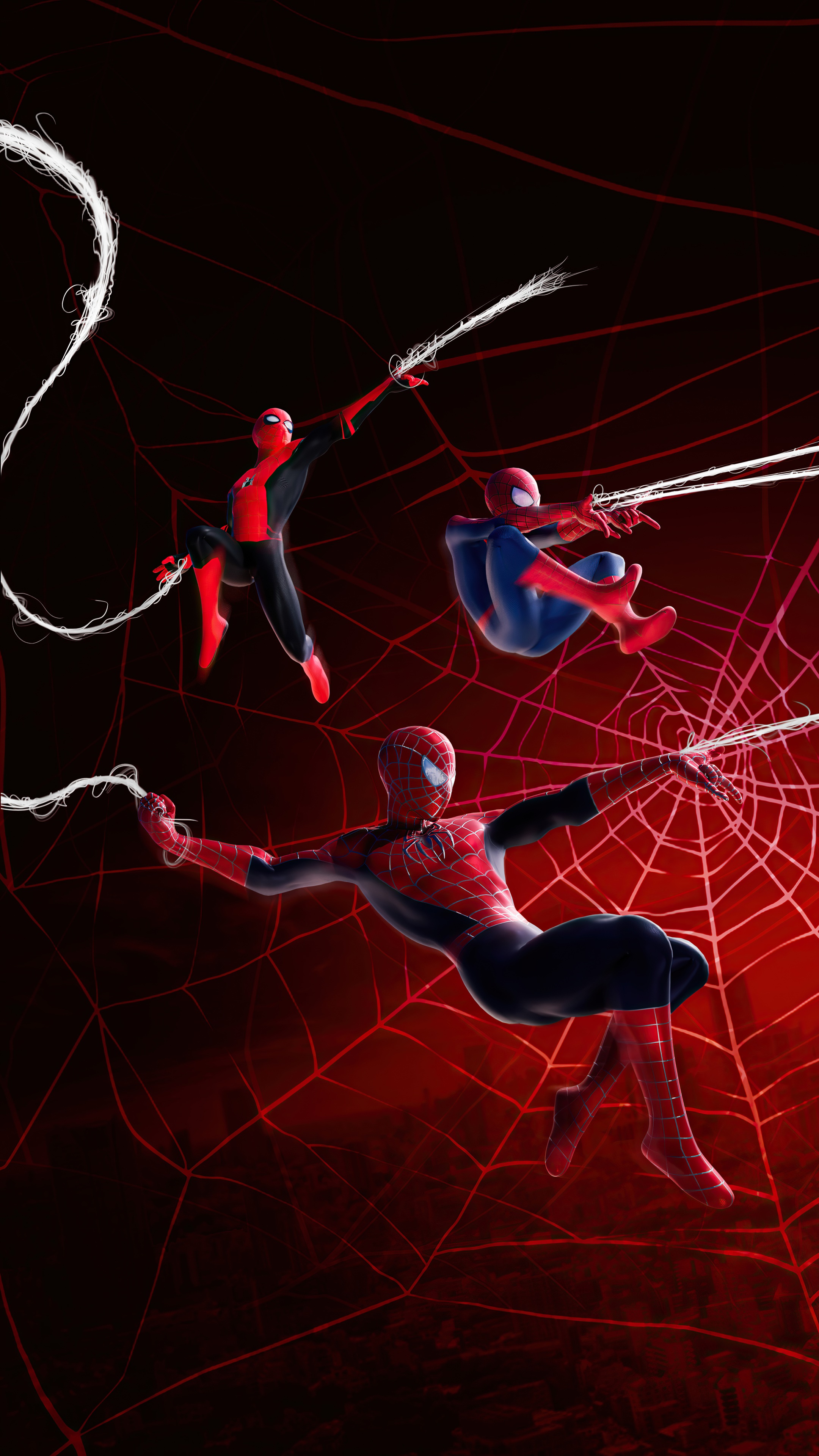 Three Spider-Men swinging on webs HD Phone Wallpaper