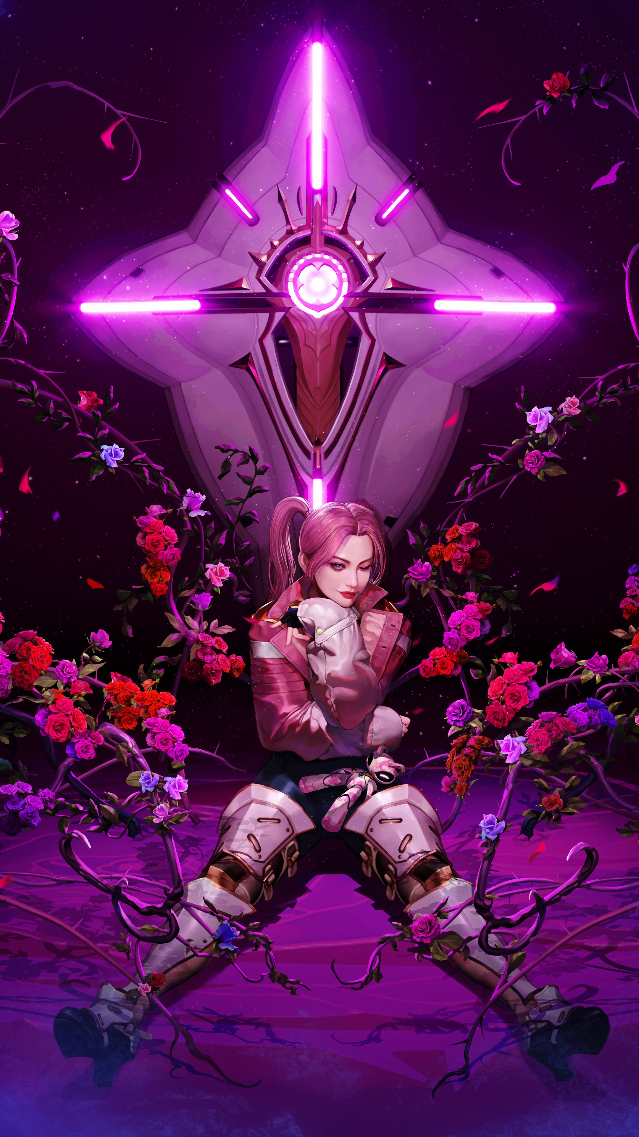 Girl with pink hair holding a white creature in Overprime HD Phone Wallpaper