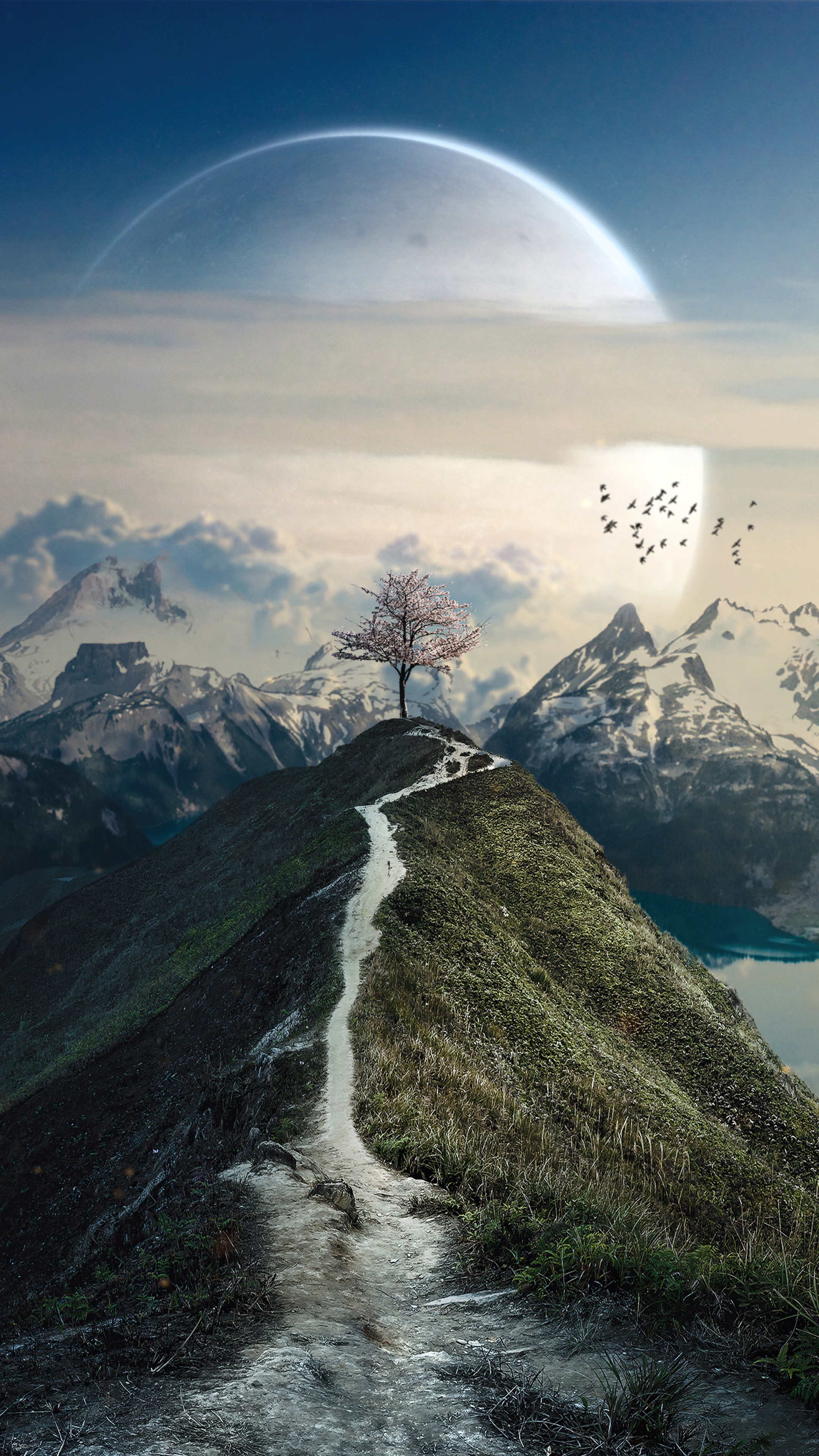 Digital artwork of a lone tree on a mountain path with a large moon HD Phone Wallpaper