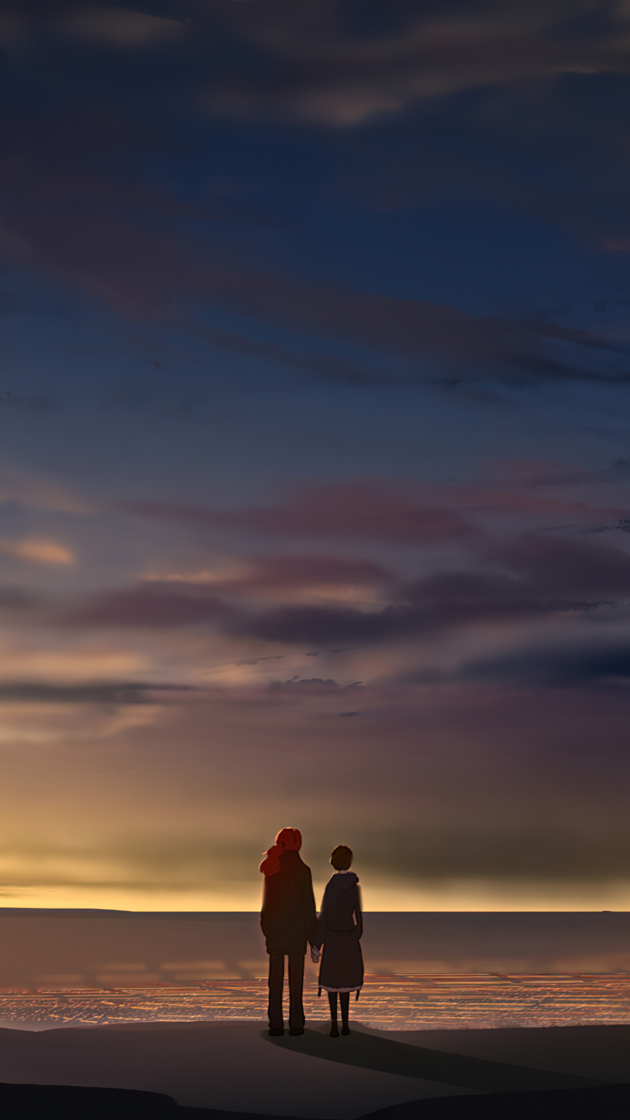Two figures holding hands on a beach at sunset HD Phone Wallpaper