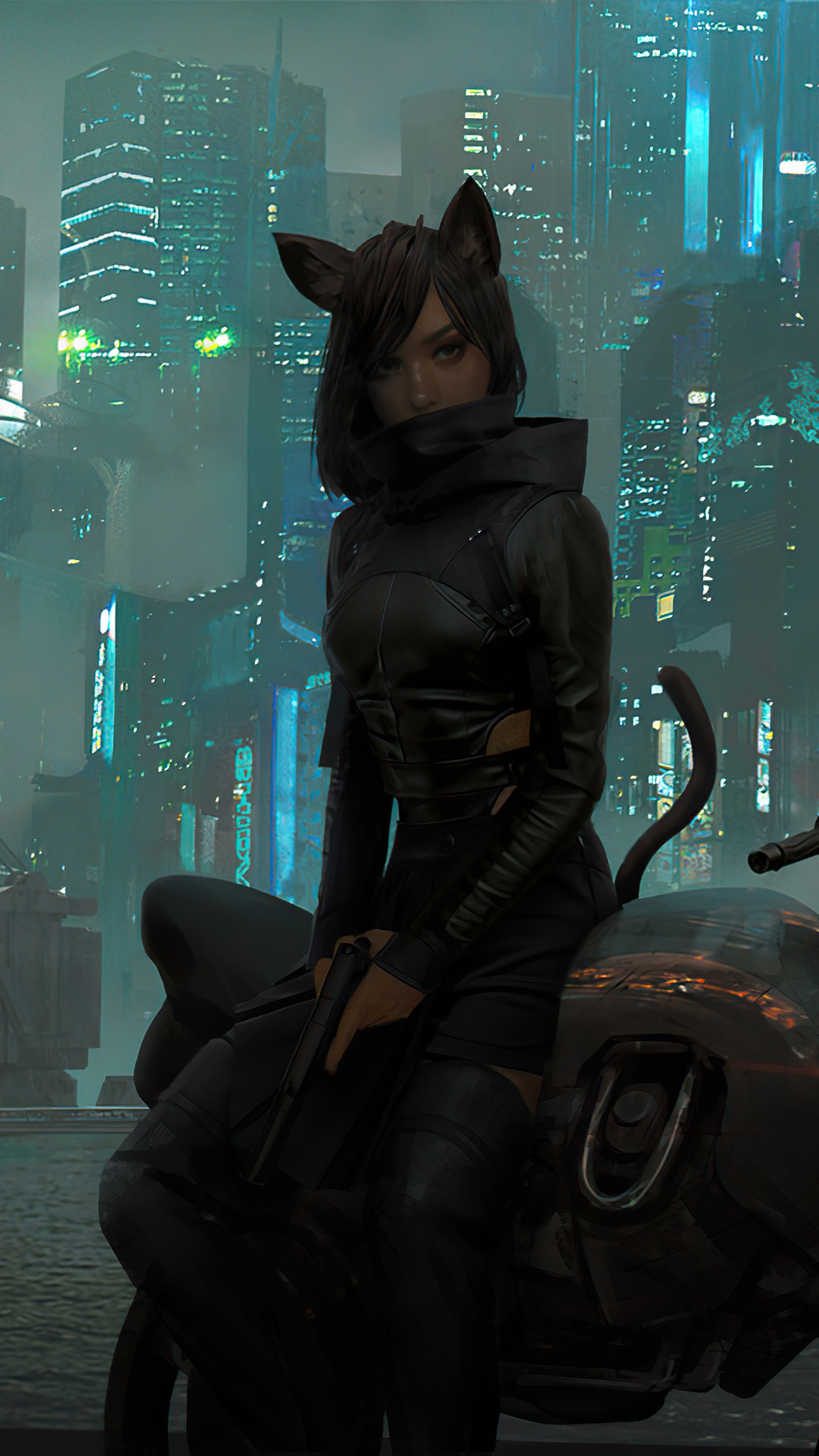 Cyberpunk cat-girl with gun on motorcycle HD Phone Wallpaper