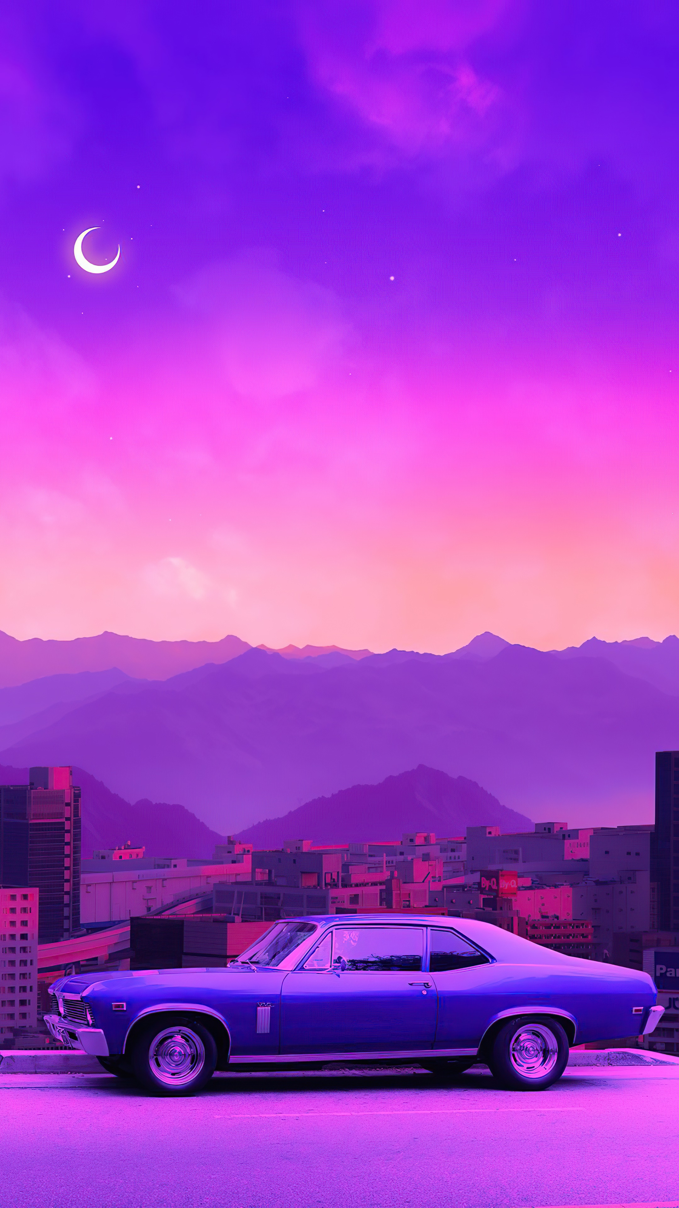 Synthwave retro car with moon and mountains HD Phone Wallpaper