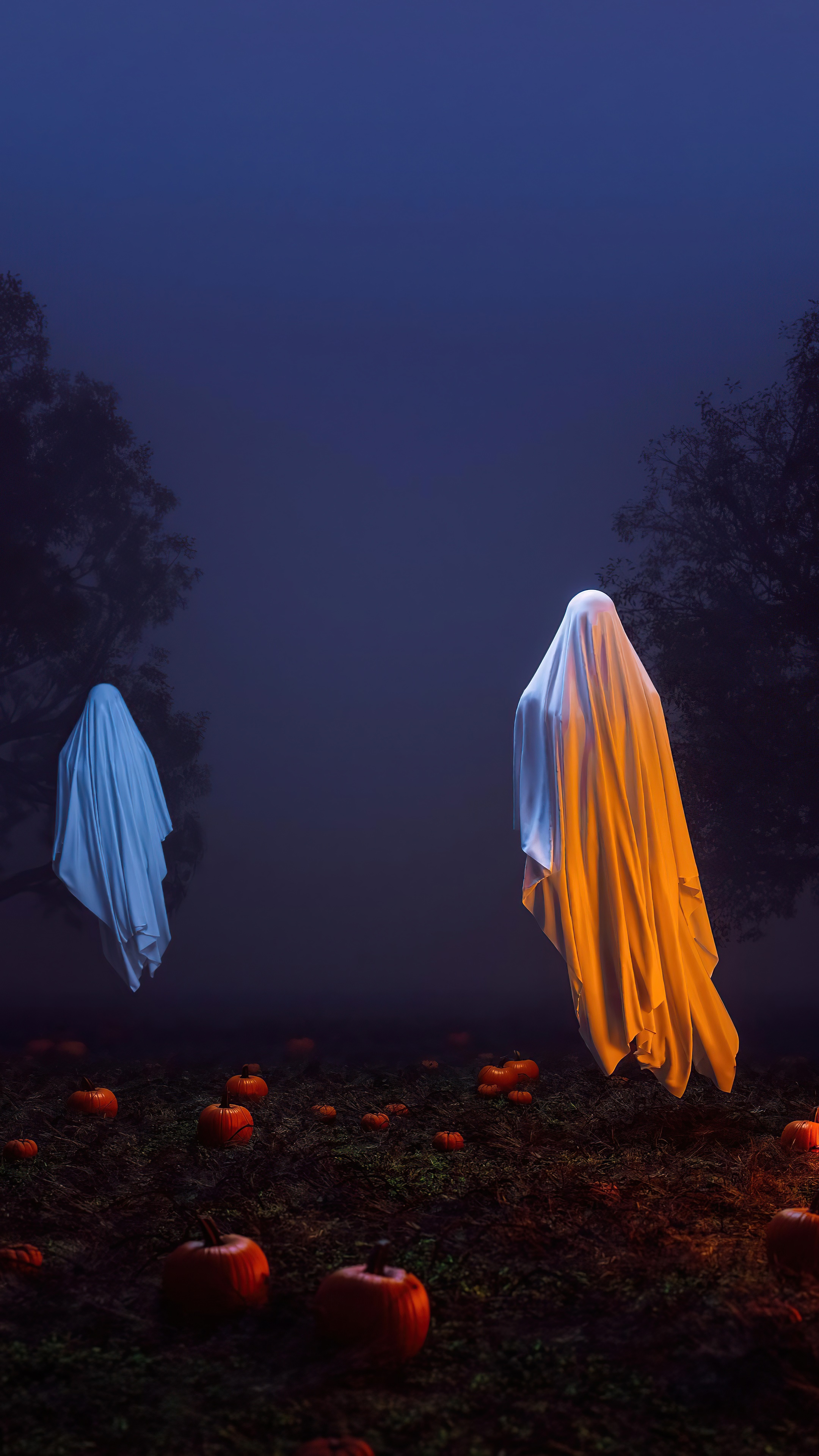 Two ghosts in a pumpkin patch at night HD Phone Wallpaper