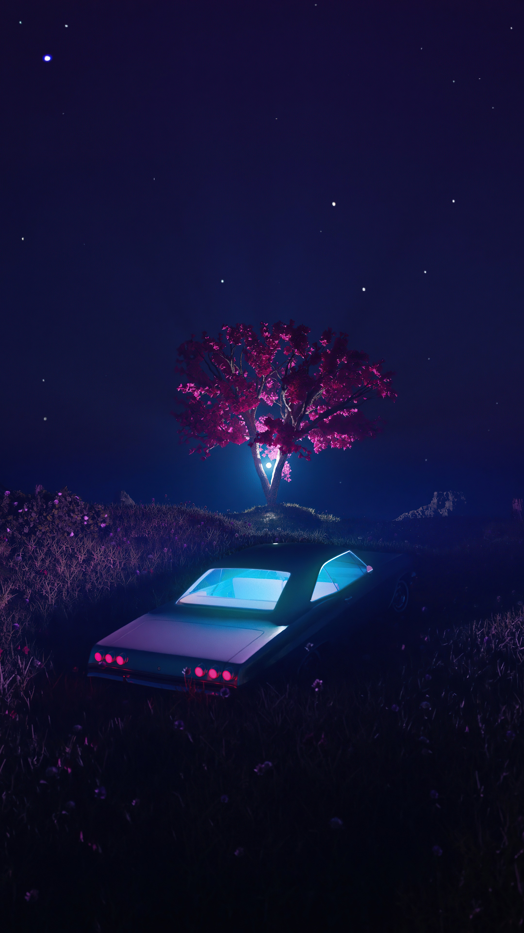 Digital art of a car and a tree HD Phone Wallpaper