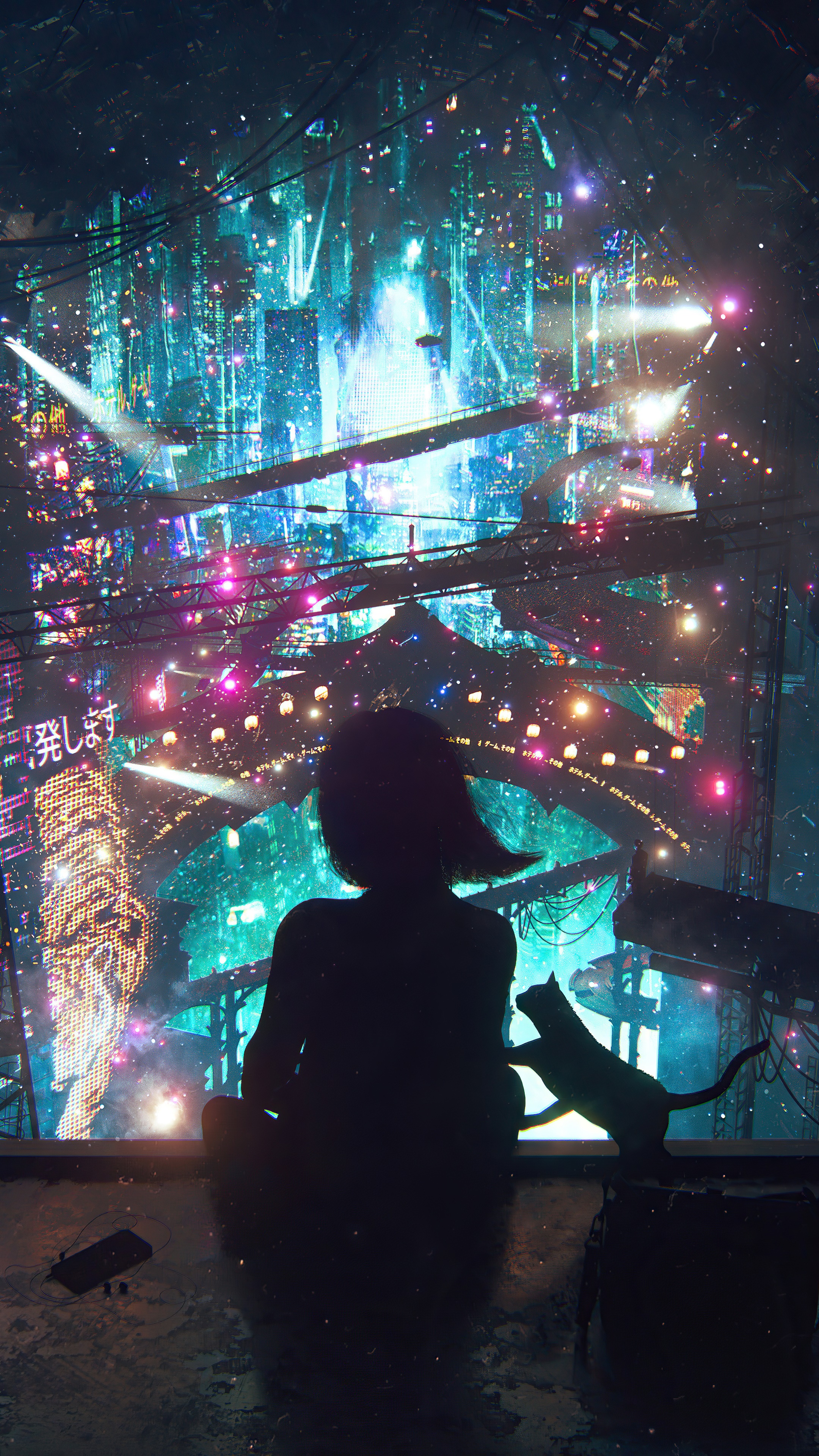 Girl and cat overlooking a futuristic city at night HD Phone Wallpaper