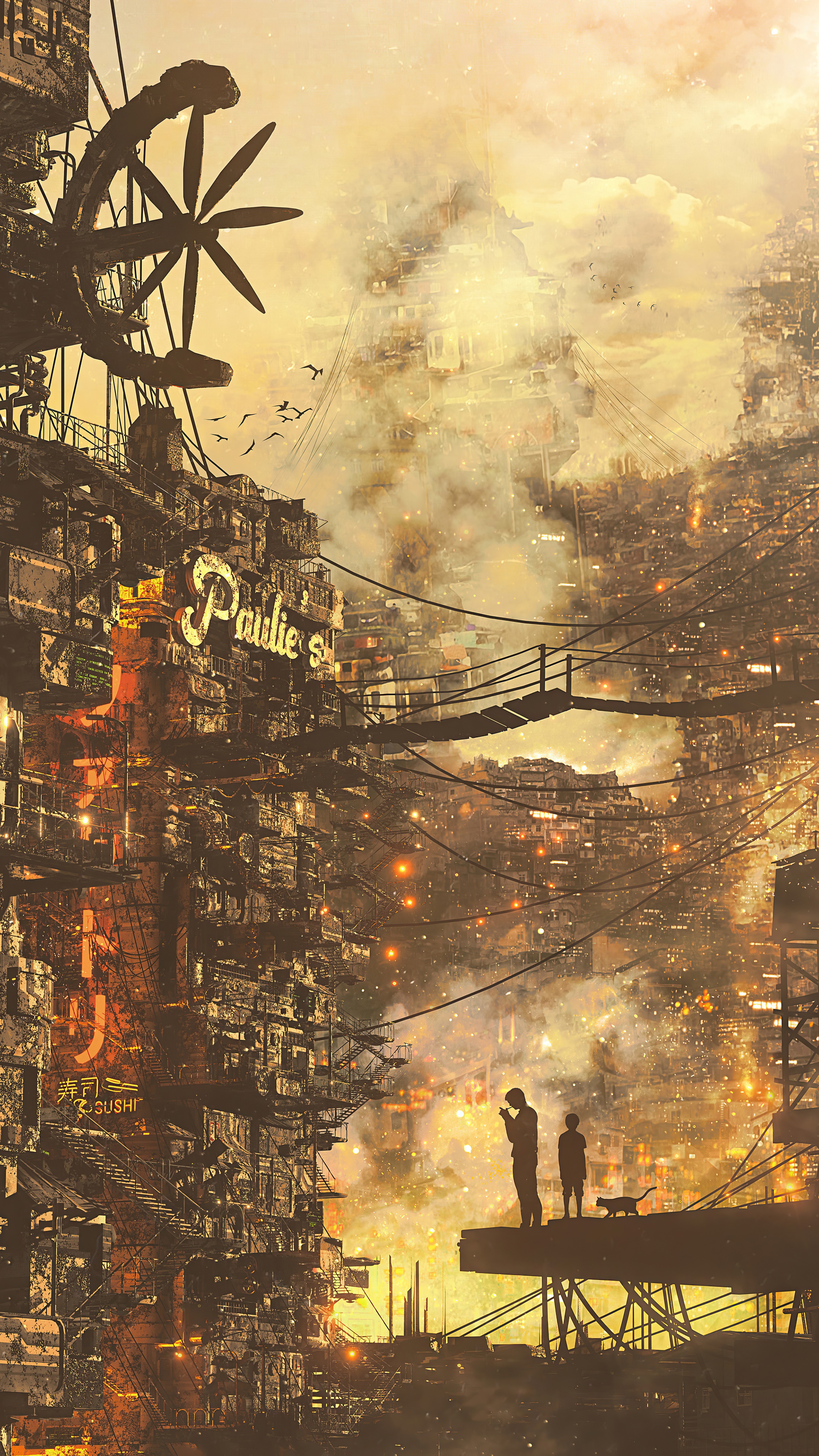 Cyberpunk Cityscape with Figures HD Phone Wallpaper