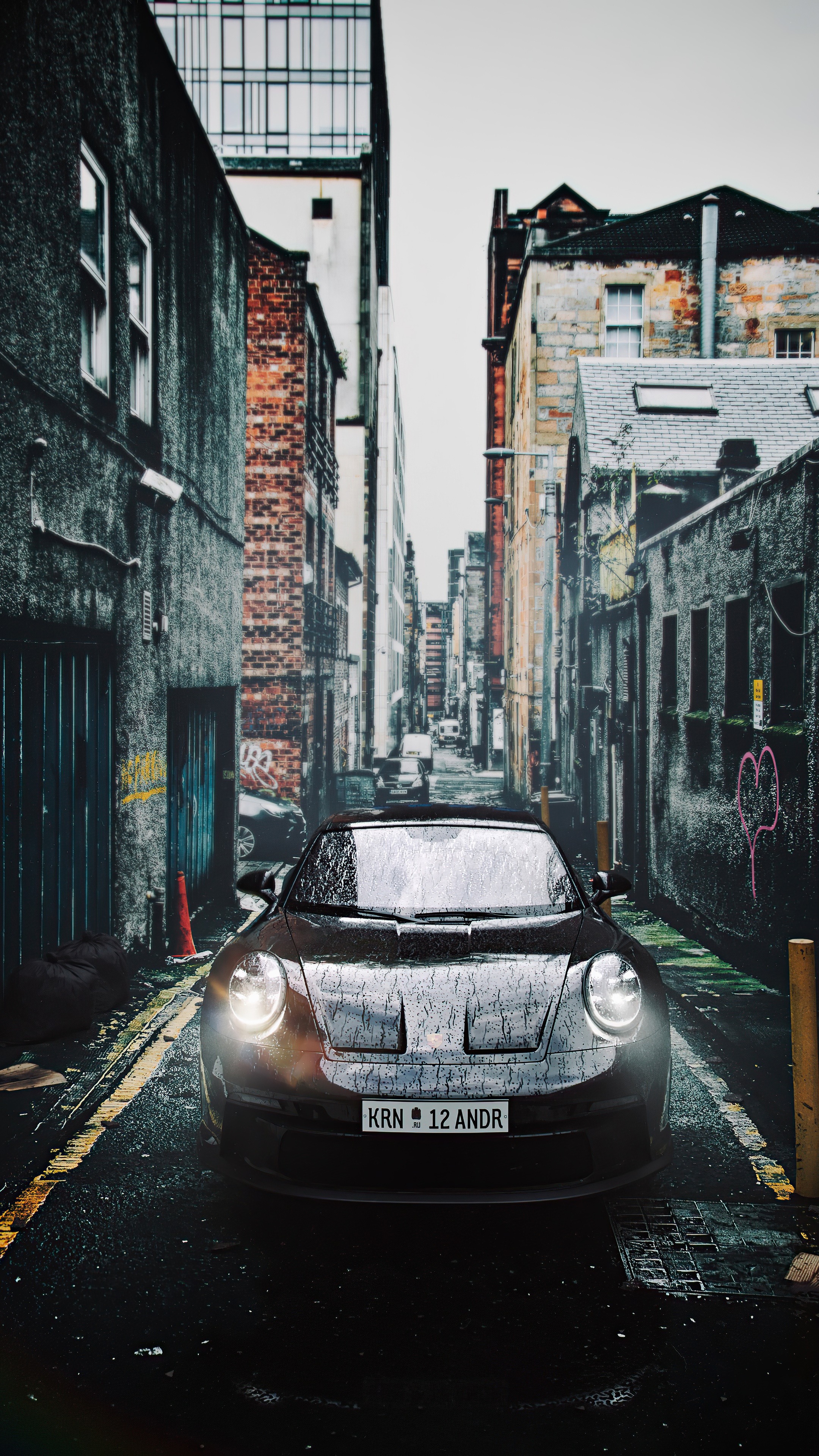 Porsche 911 in a wet alleyway HD Phone Wallpaper