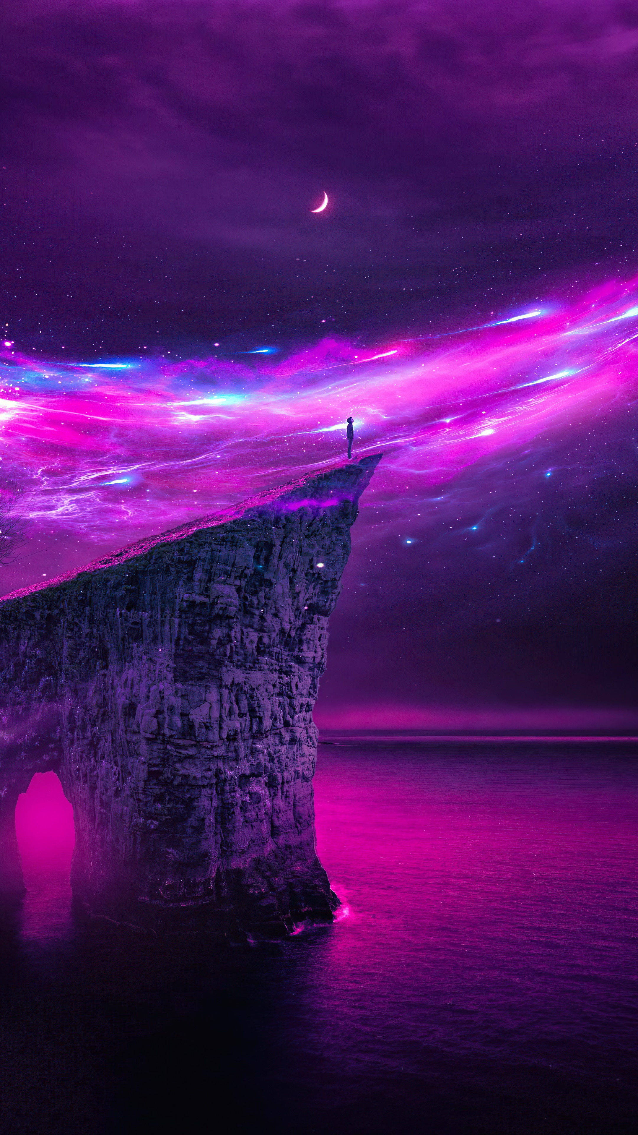 Digital Art of a Person on a Cliff Overlooking a Cosmic Sea HD Phone Wallpaper