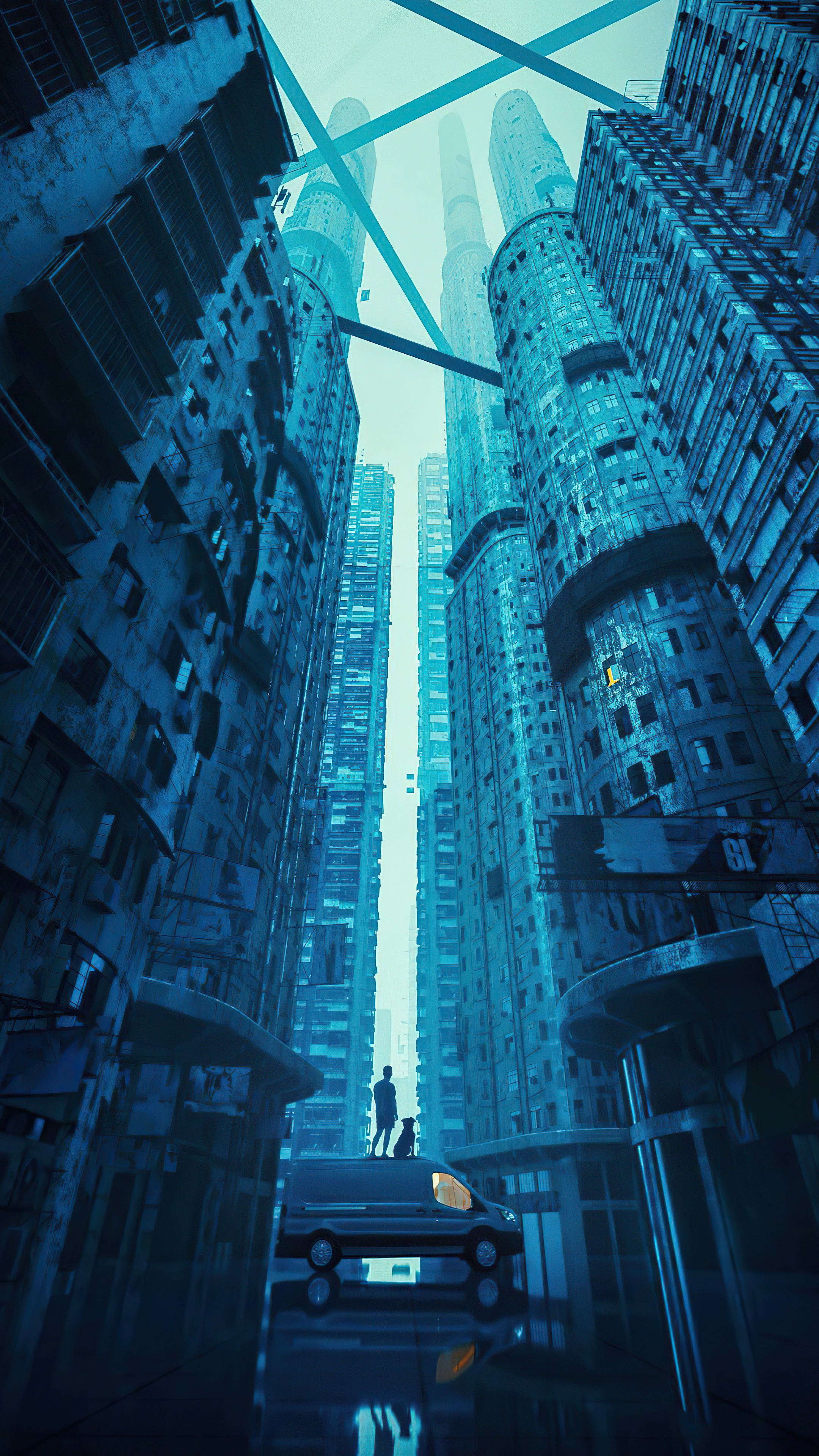 Cyberpunk city with a van and two figures HD Phone Wallpaper
