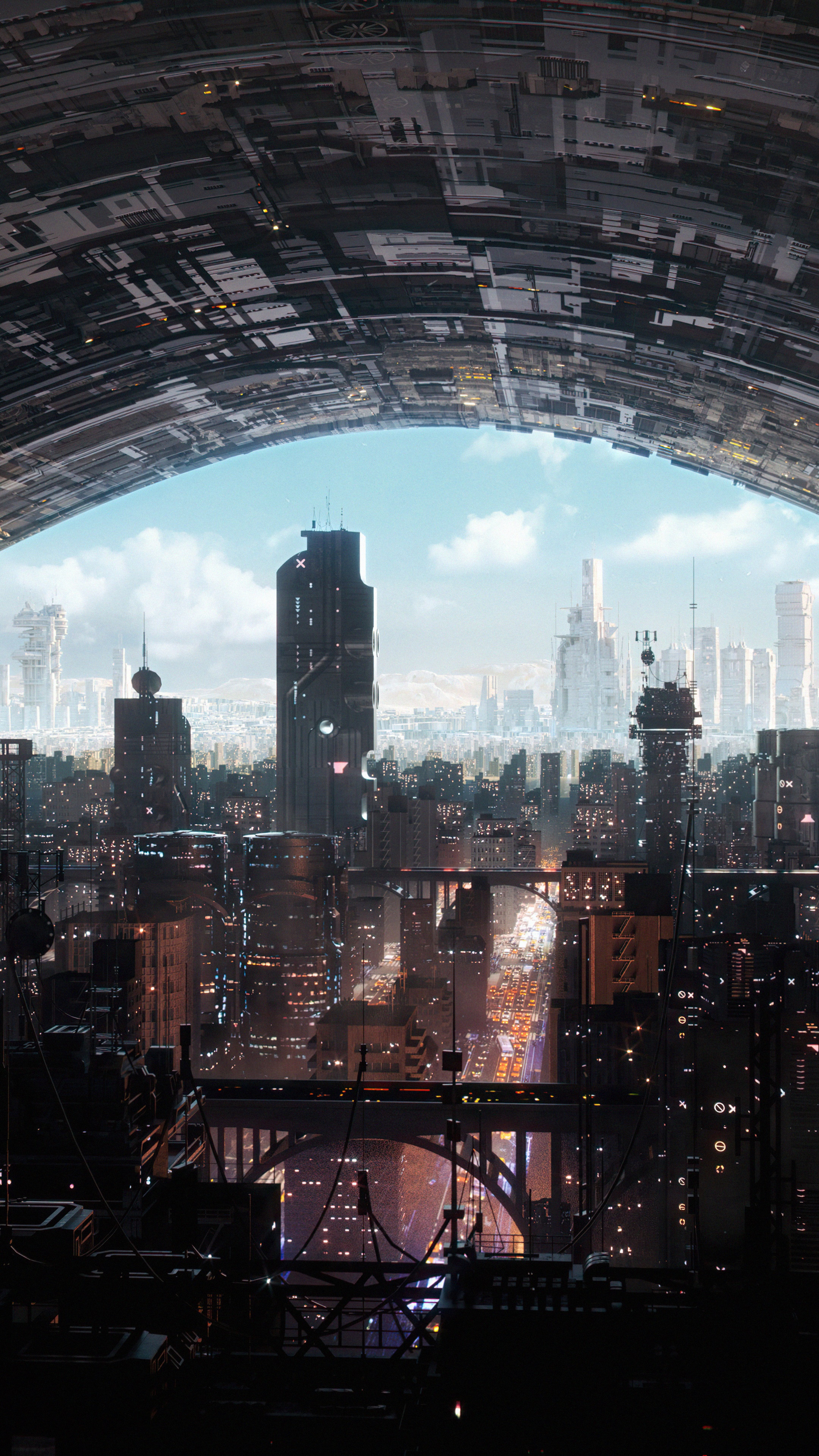 Sci-fi cityscape under a futuristic structure HD Phone Wallpaper
