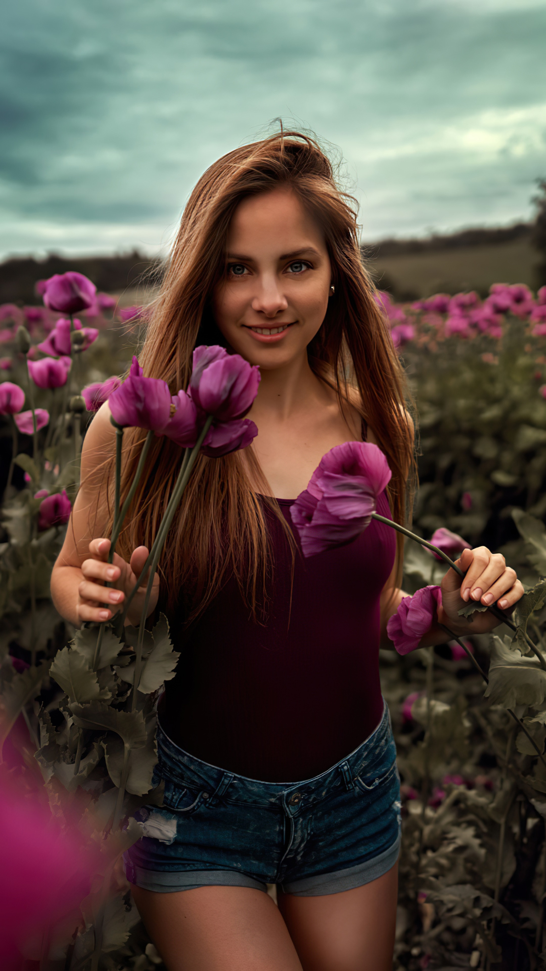 Woman in a field of purple flowers HD Phone Wallpaper