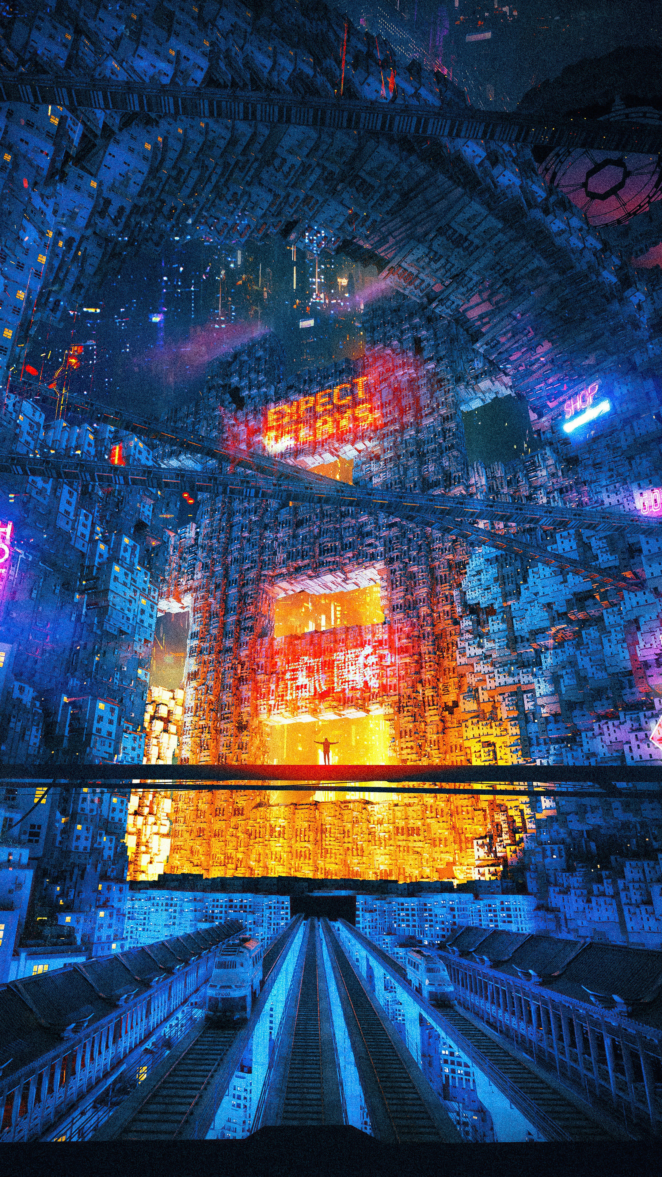 Cyberpunk city with neon signs and trains HD Phone Wallpaper