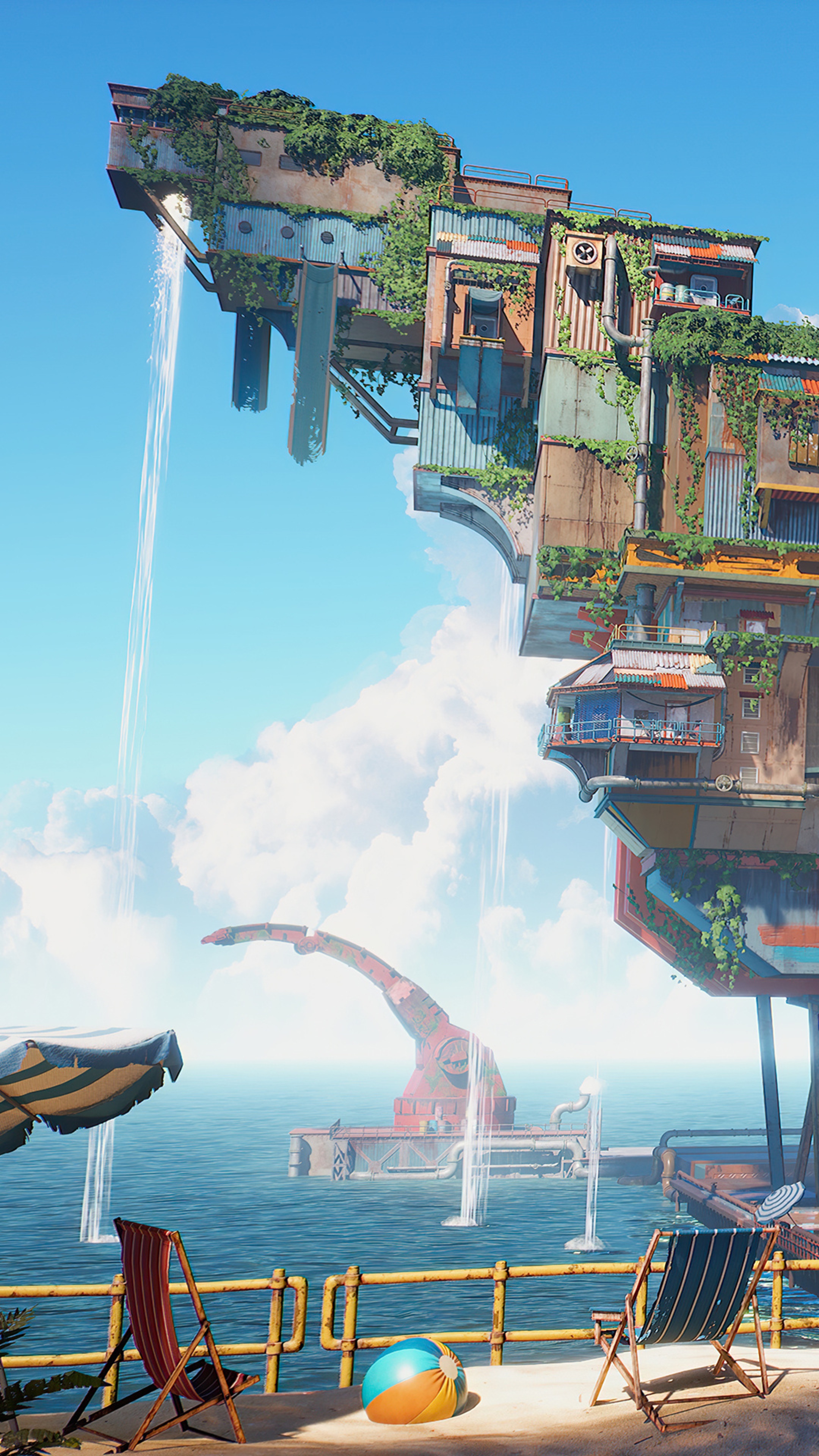 Floating City with Waterfalls and Beach Chairs HD Phone Wallpaper