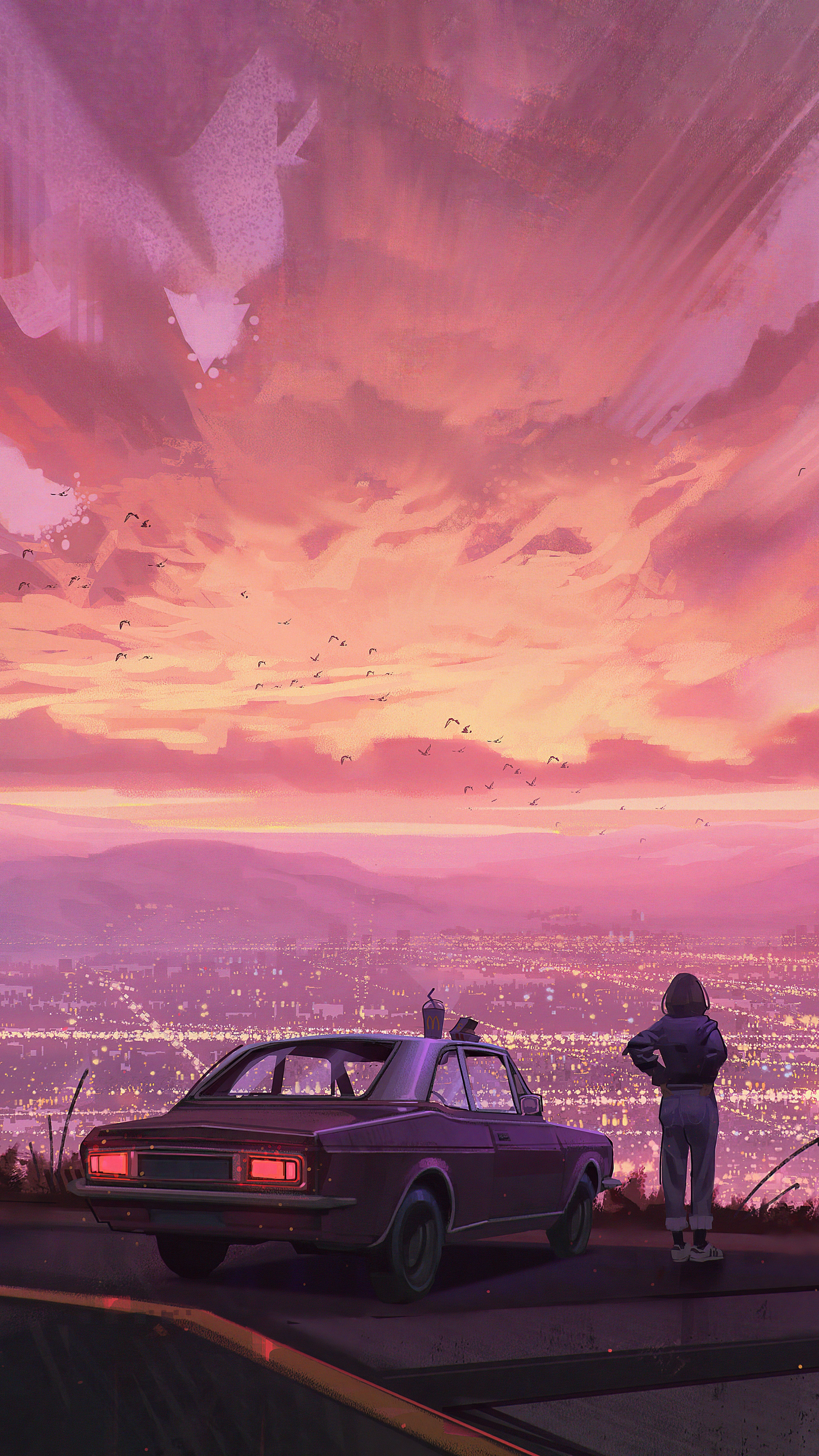 Digital art of a person and car overlooking a city at sunset HD Phone Wallpaper