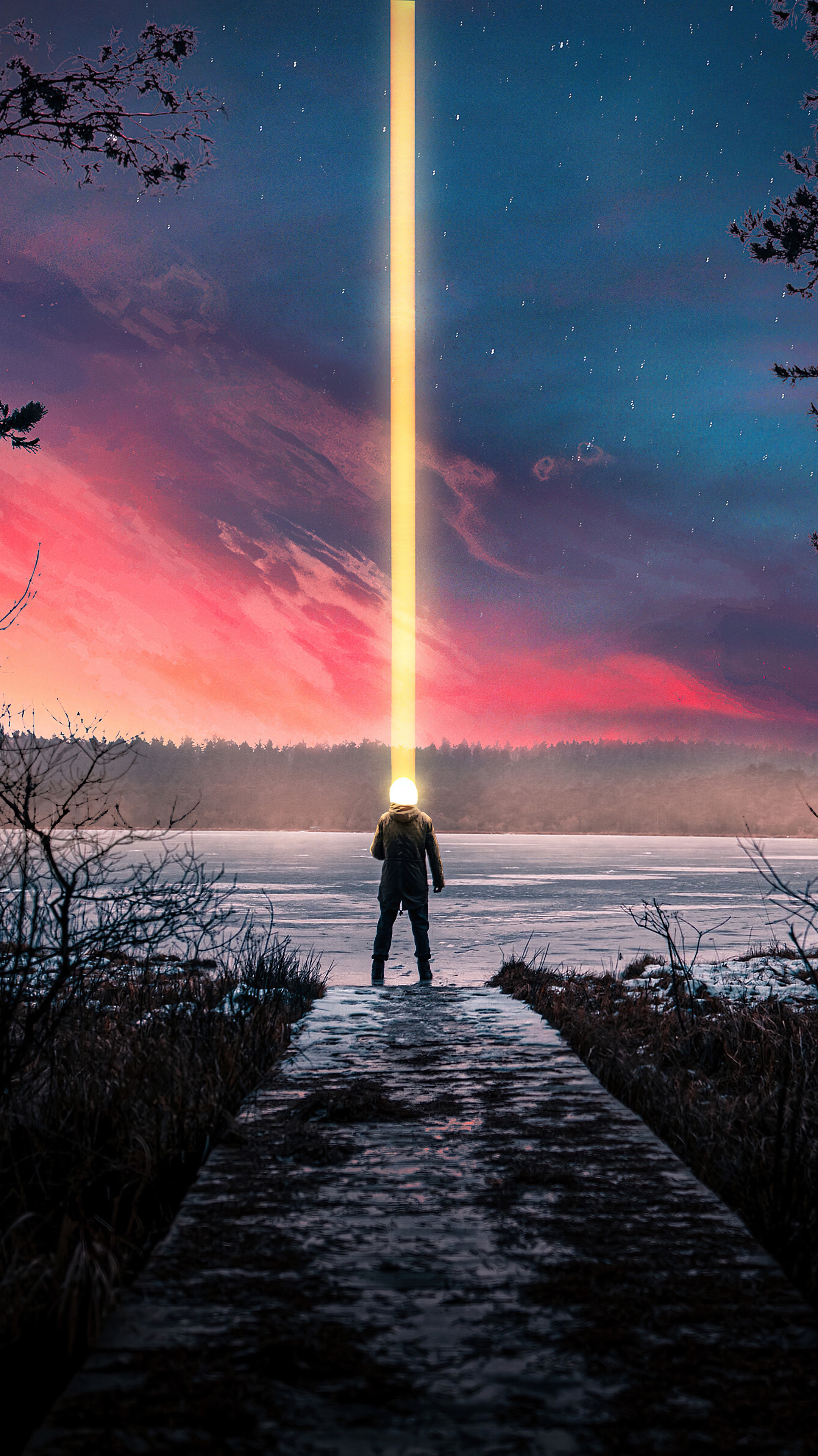 Person with light beam from head on pier HD Phone Wallpaper