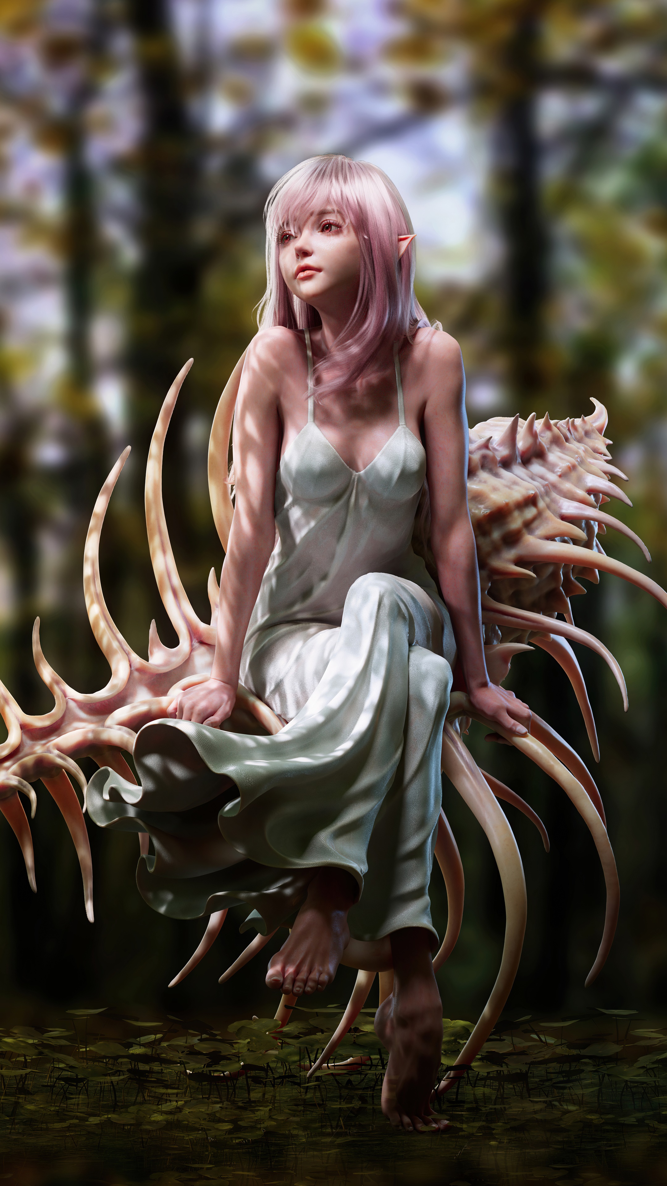 Elf girl with pink hair sitting on bone structure HD Phone Wallpaper