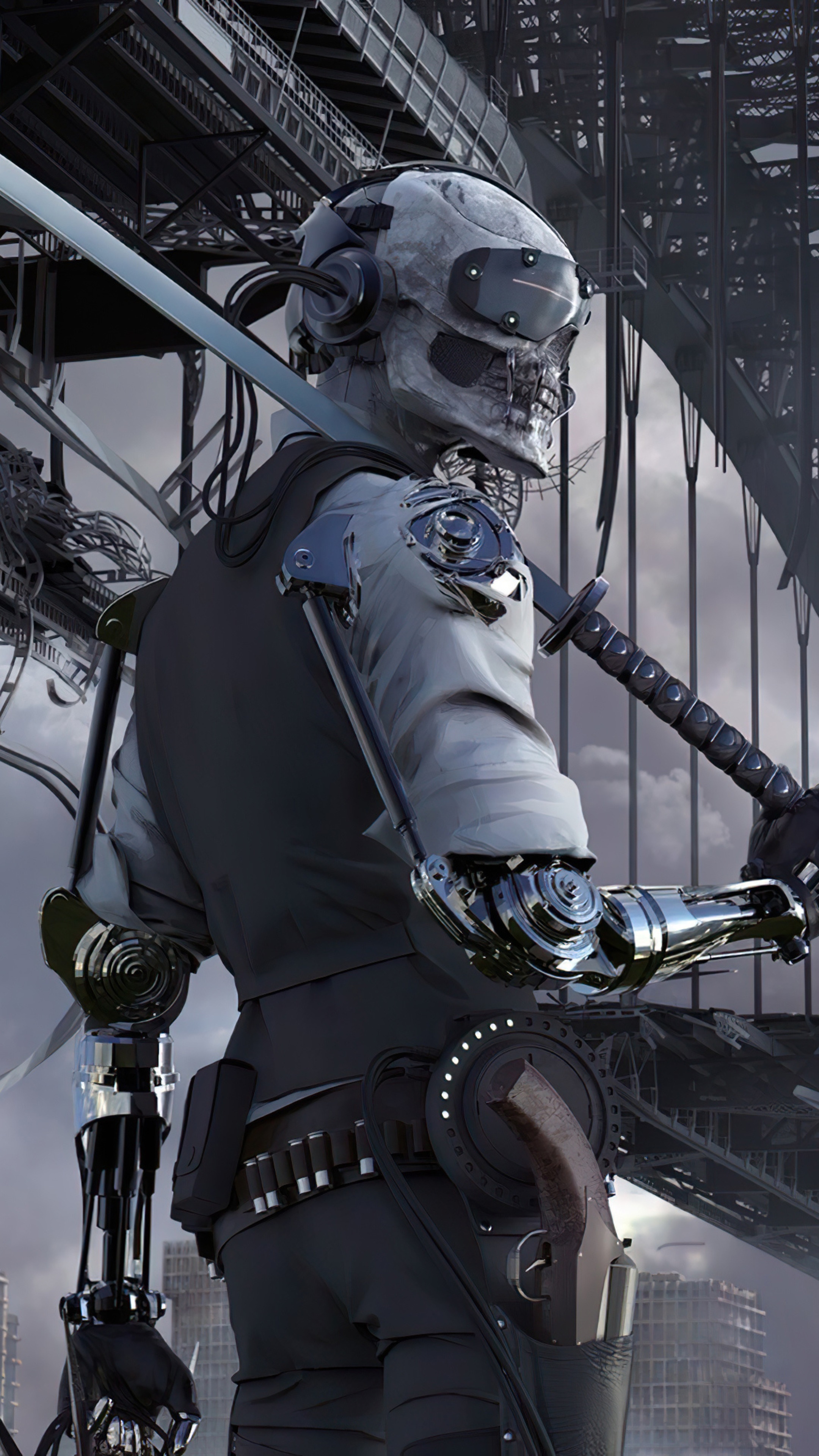 Cyberpunk Skeleton Warrior with Katana HD Phone Wallpaper
