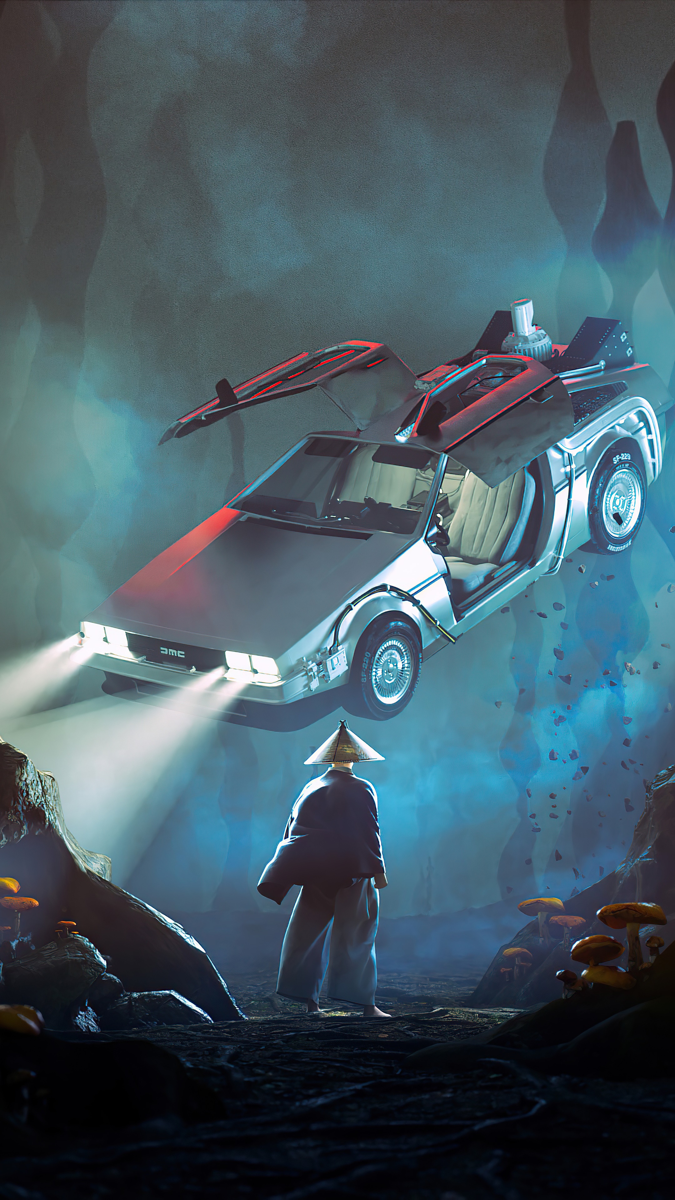 DeLorean time machine flying over a person HD Phone Wallpaper