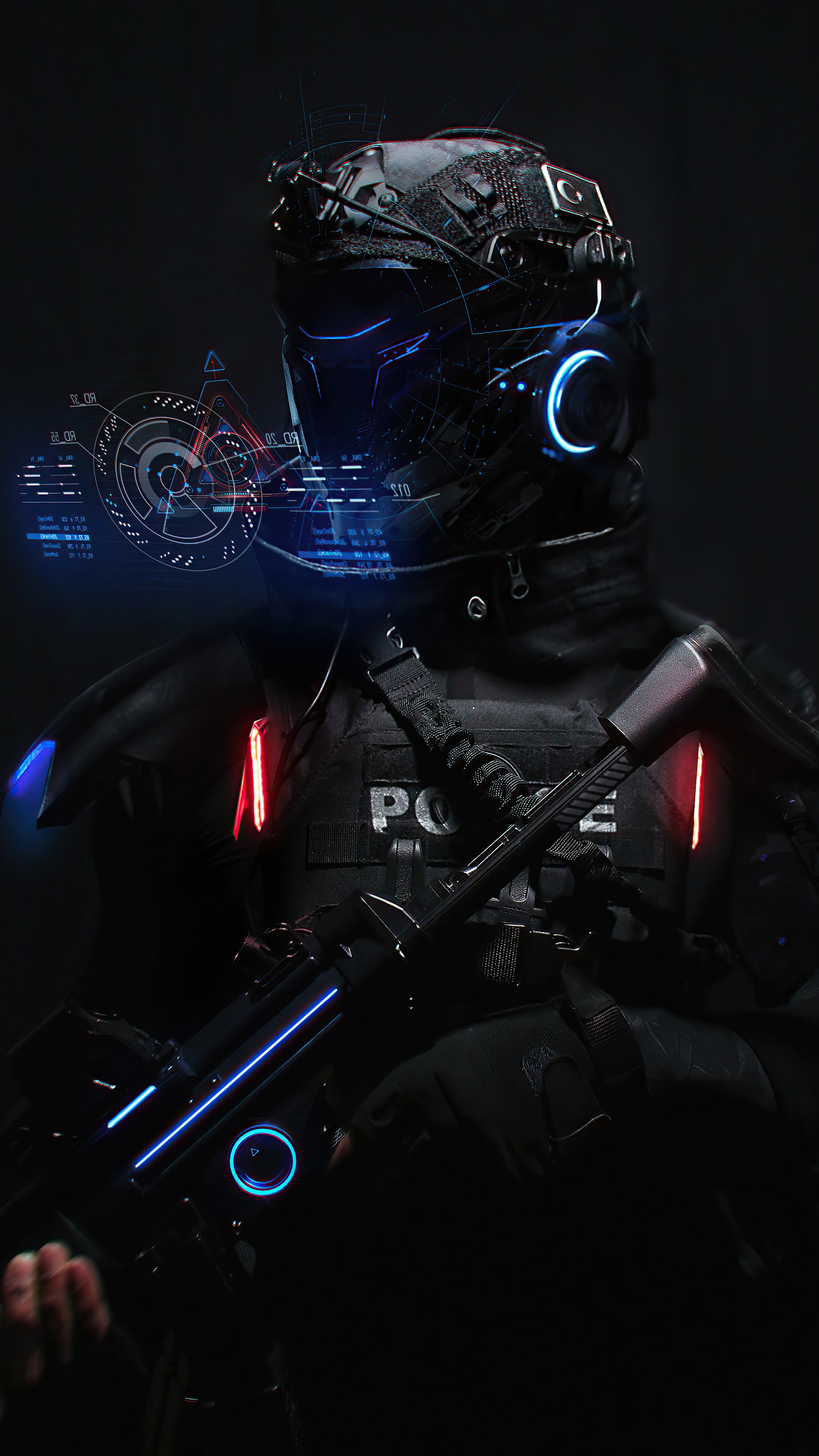 Sci-fi police officer with futuristic helmet and rifle HD Phone Wallpaper