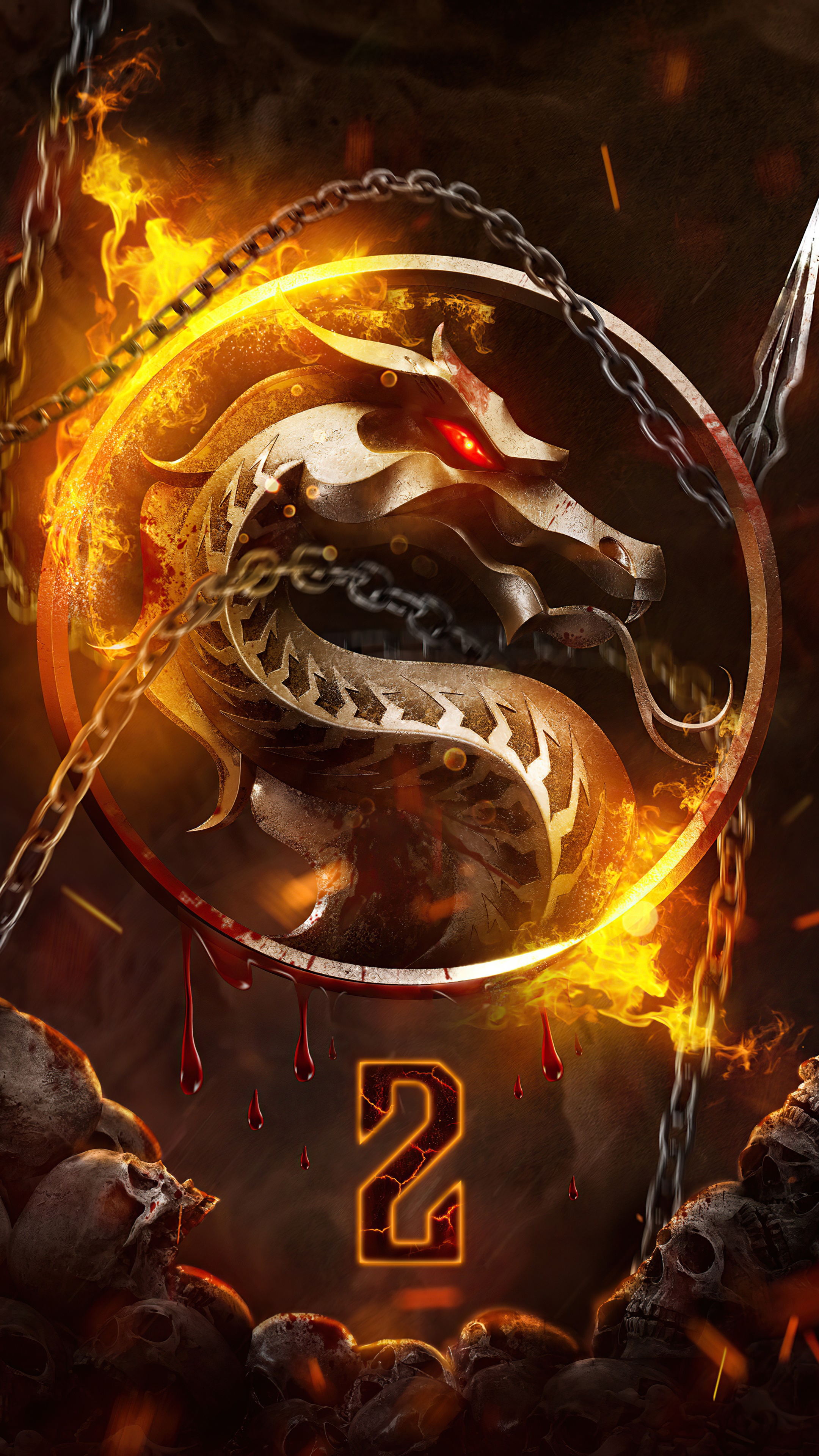 Mortal Kombat 2 Dragon Logo with Skulls and Flames HD Phone Wallpaper