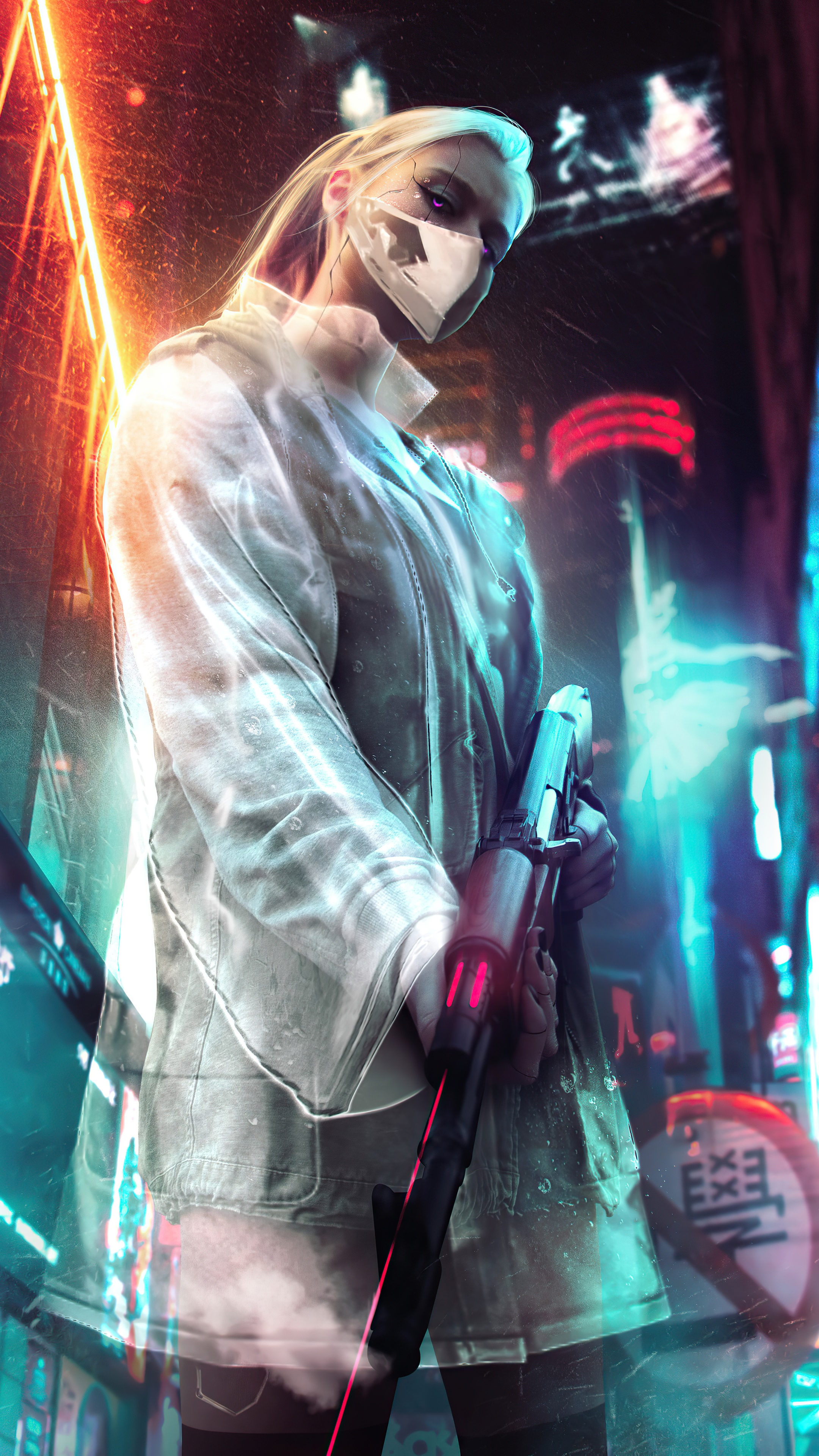 Warrior with a gun in a neon city HD Phone Wallpaper
