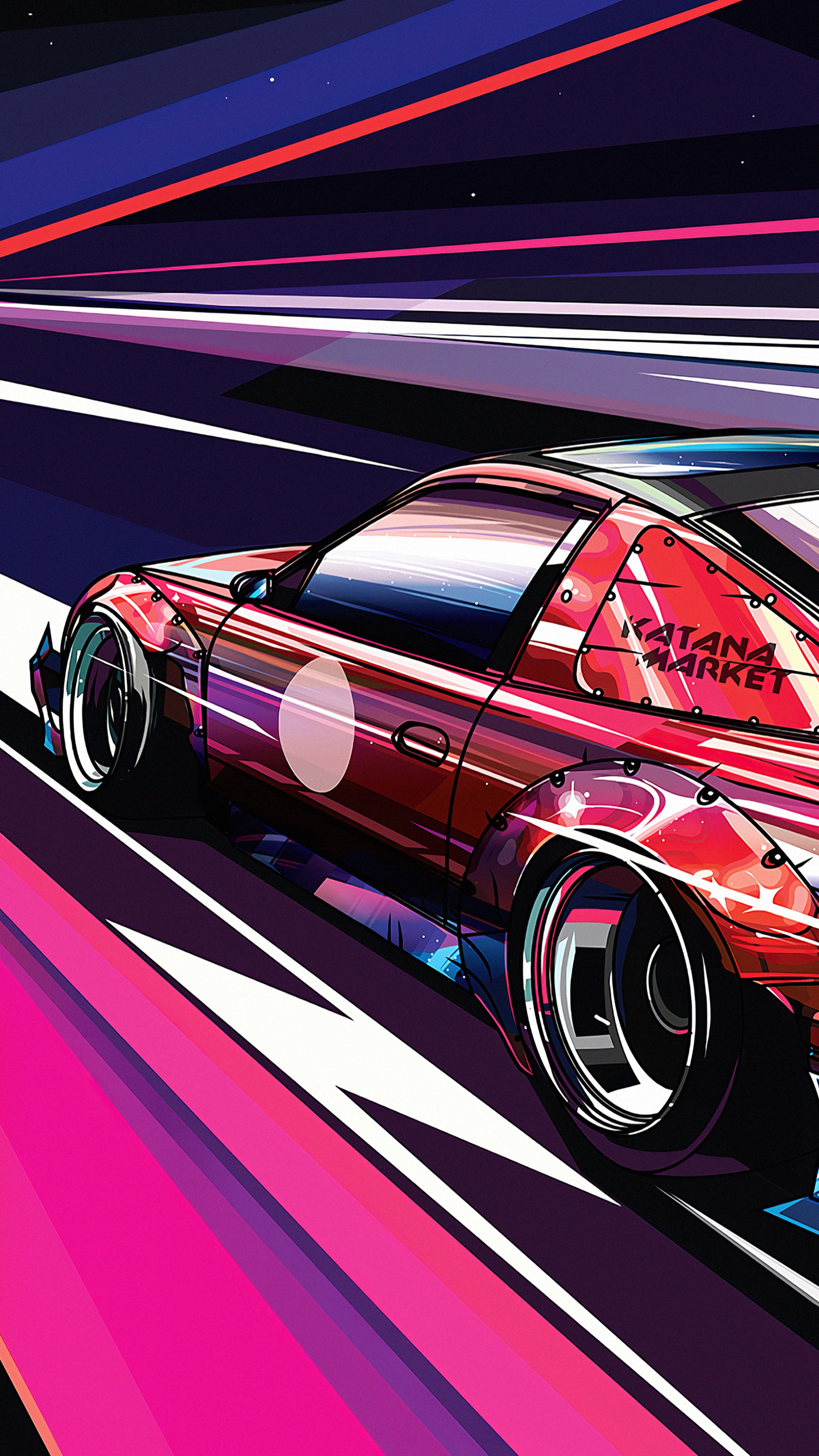 Red sports car with Katana Market logo on a neon road HD Phone Wallpaper