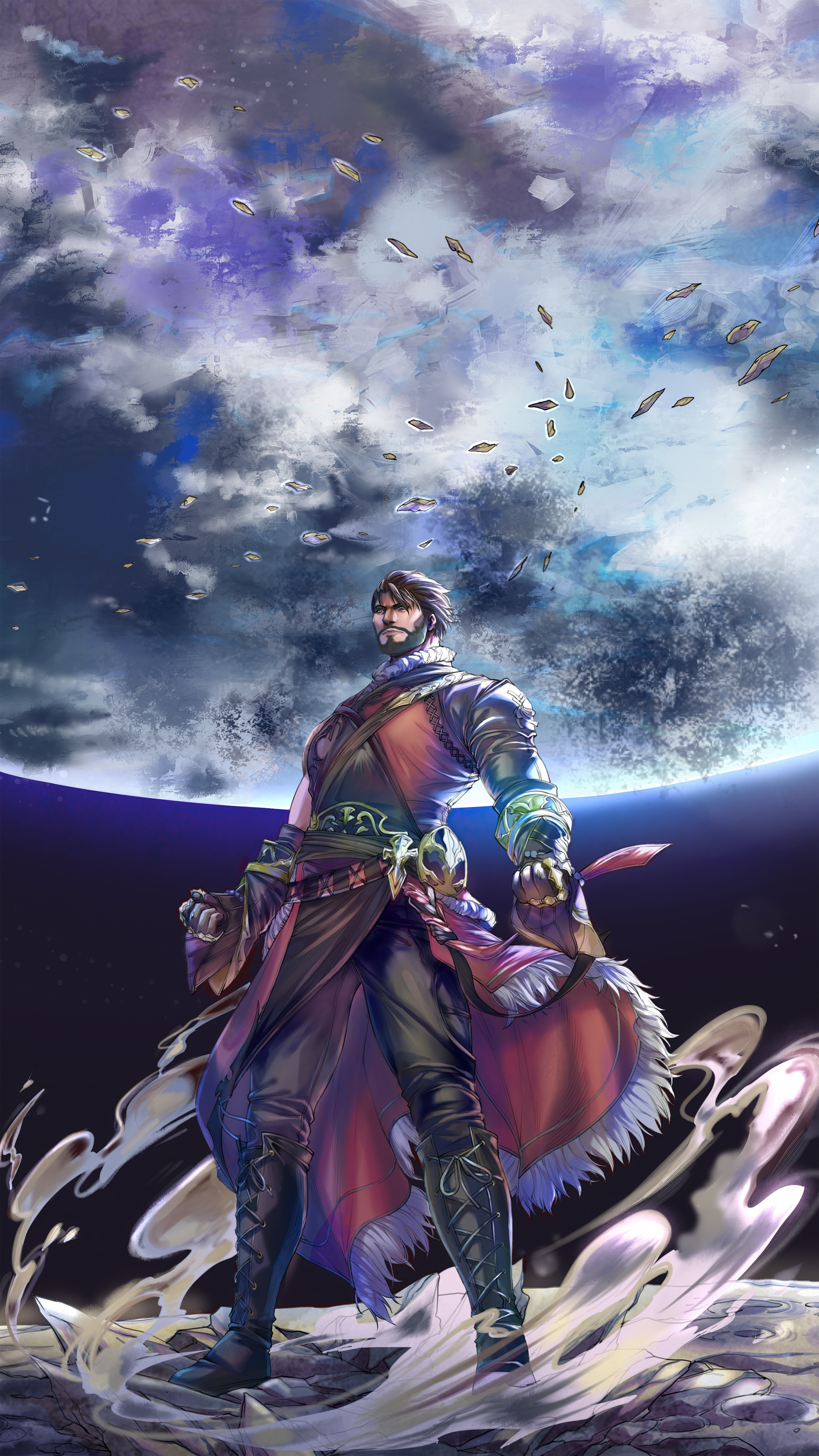 Man in ornate armor against a large moon HD Phone Wallpaper