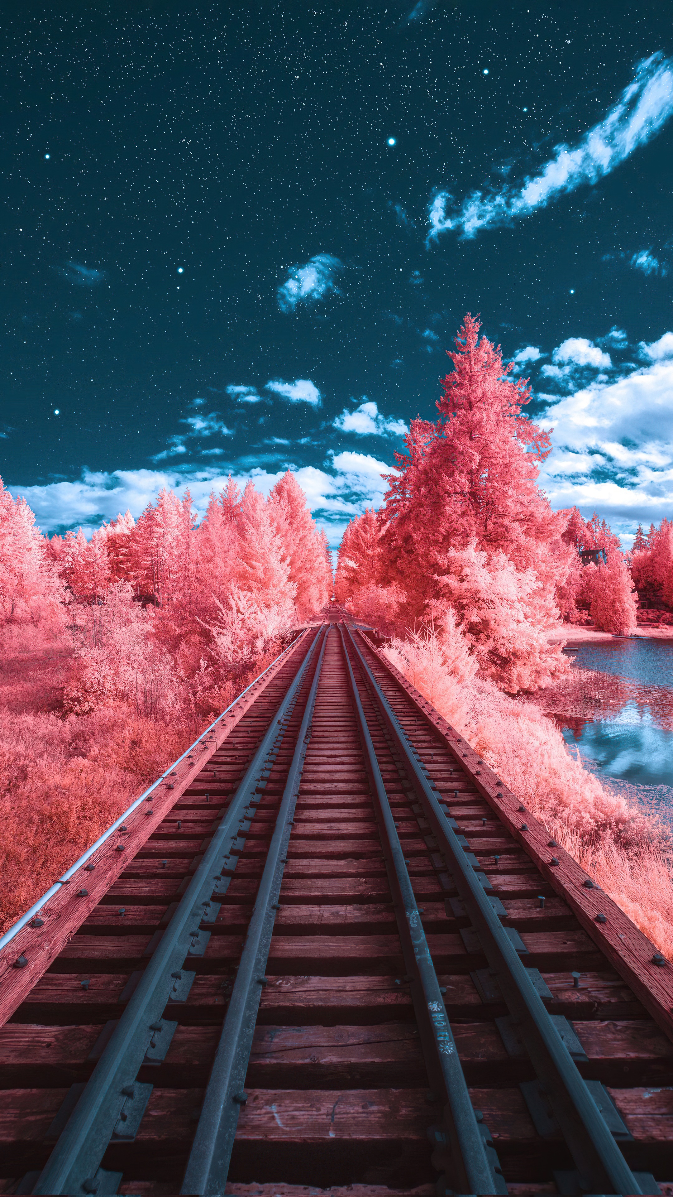 Digital Art Train Tracks Through Pink Forest Under Starry Sky 4K HD Phone Wallpaper