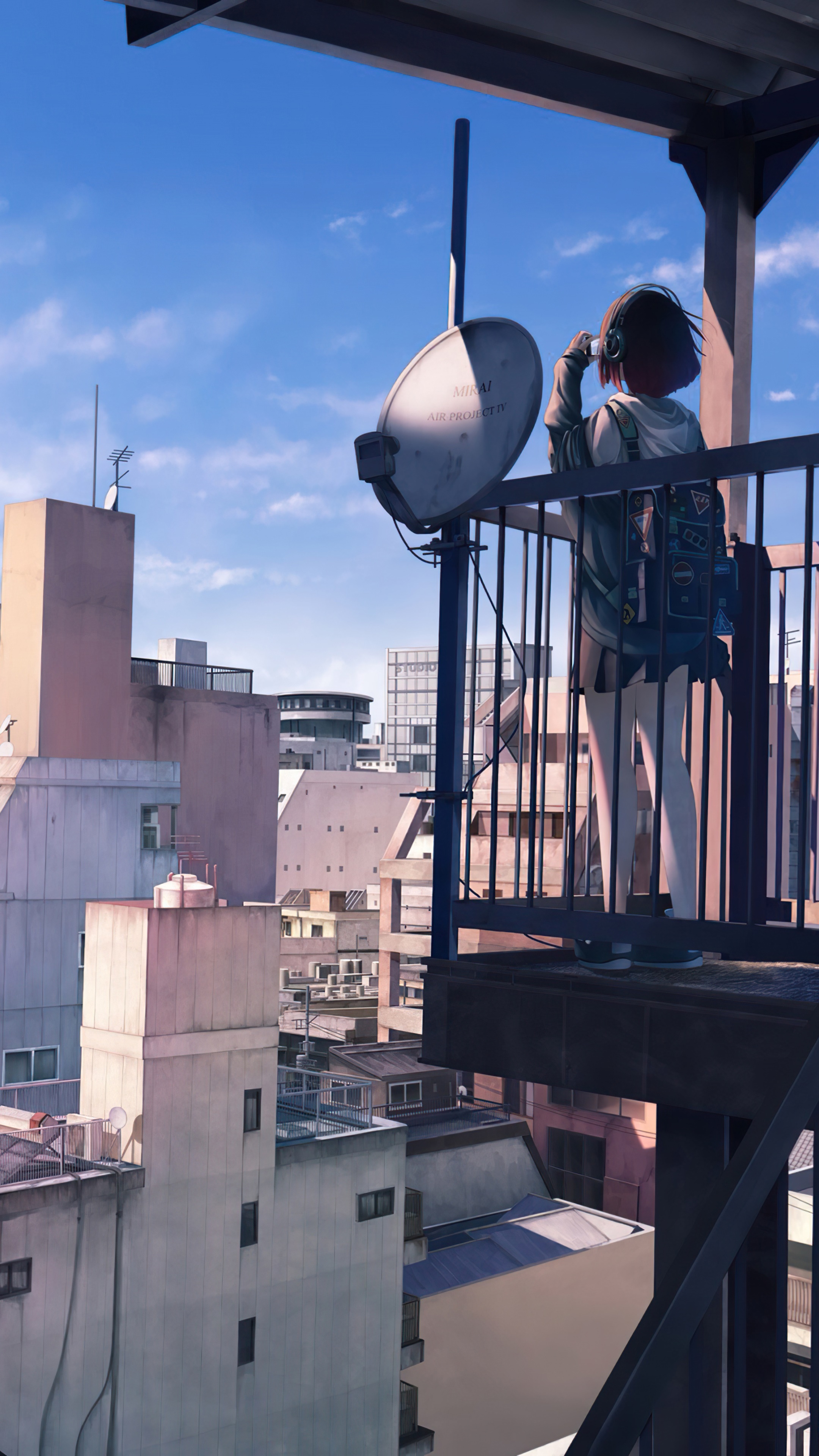 Anime girl with headphones on rooftop overlooking city HD Phone Wallpaper