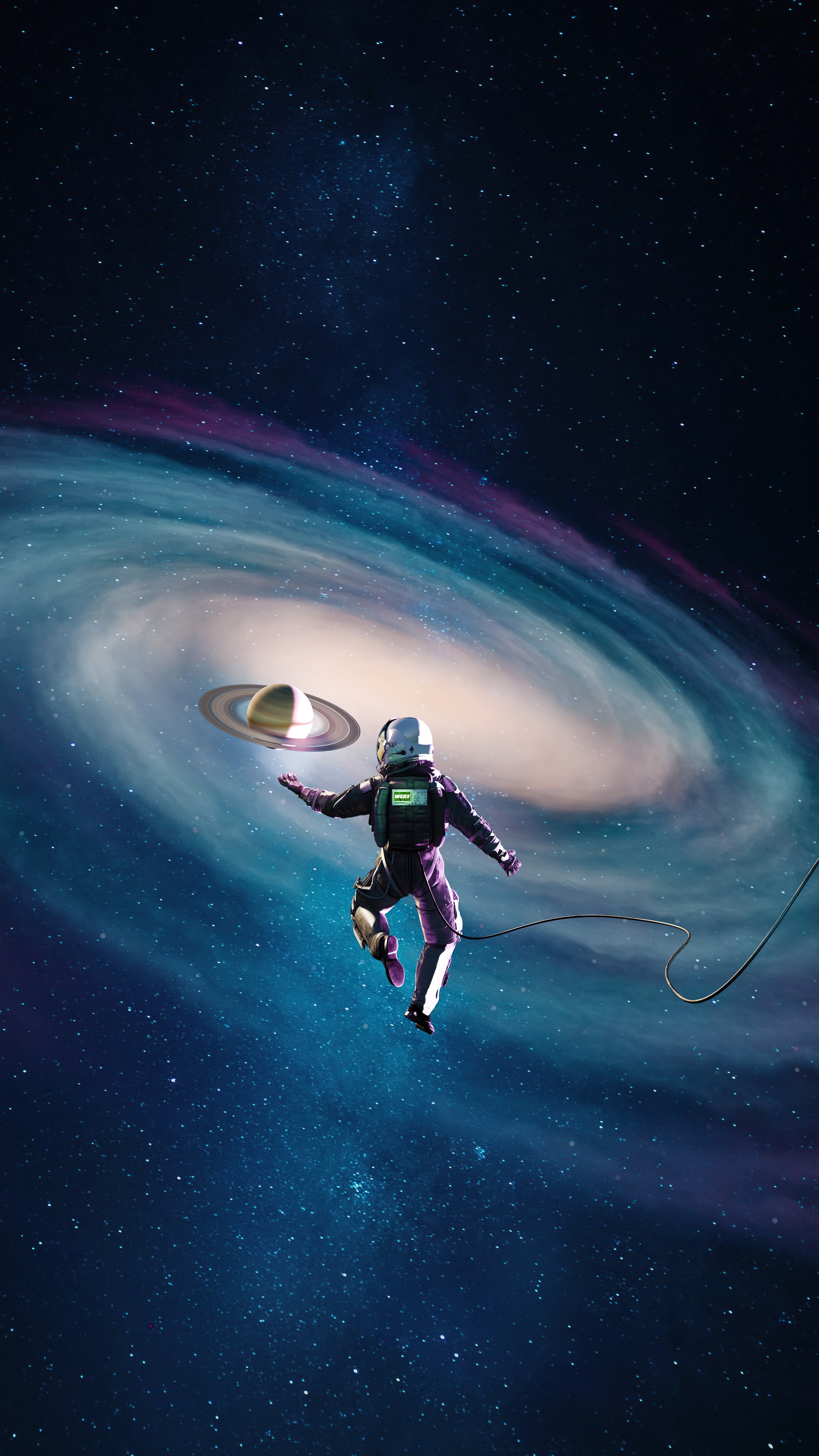 Astronaut holding Saturn in a galaxy HD Phone Wallpaper
