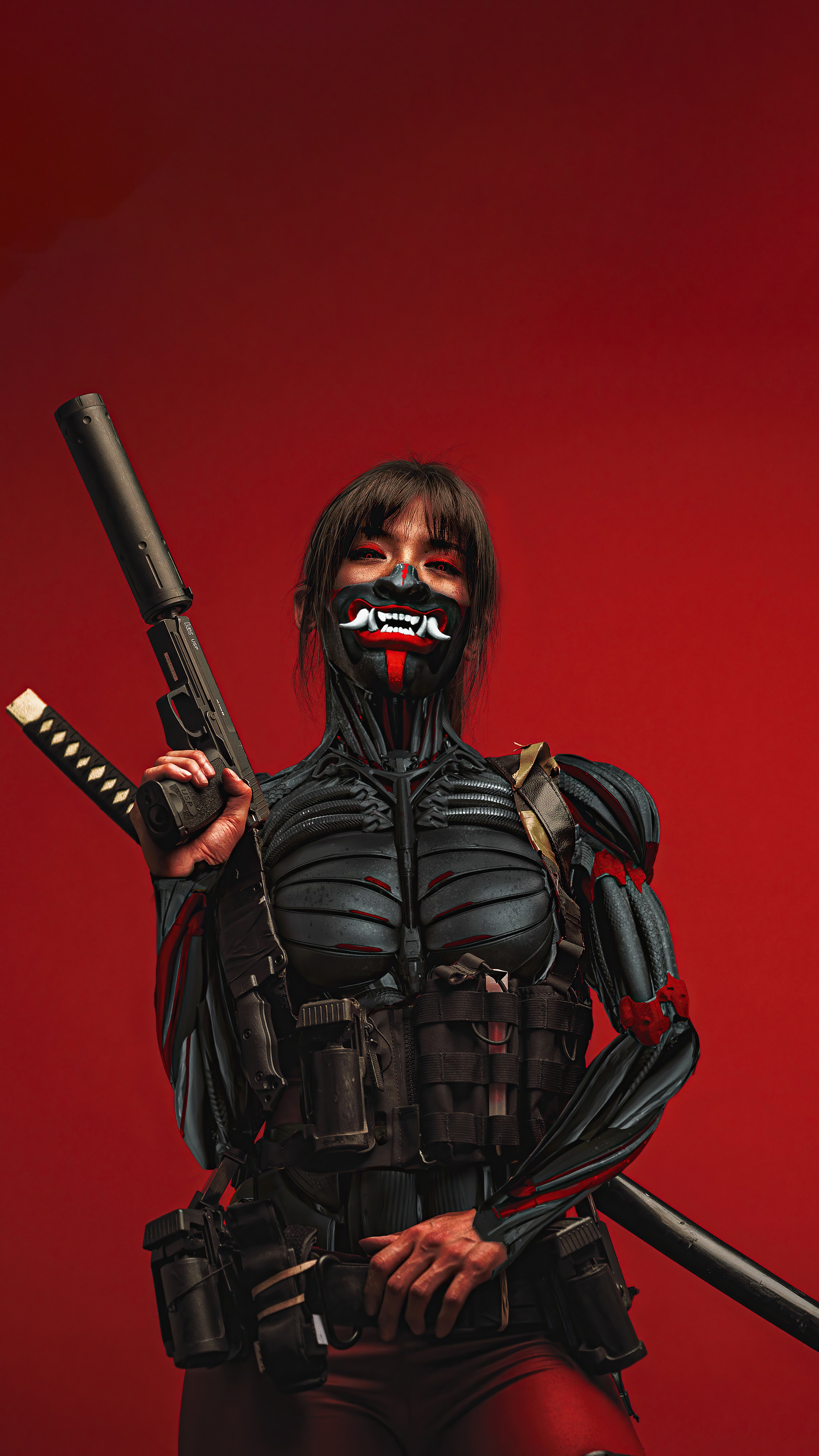 Cyberpunk warrior with mask and gun HD Phone Wallpaper