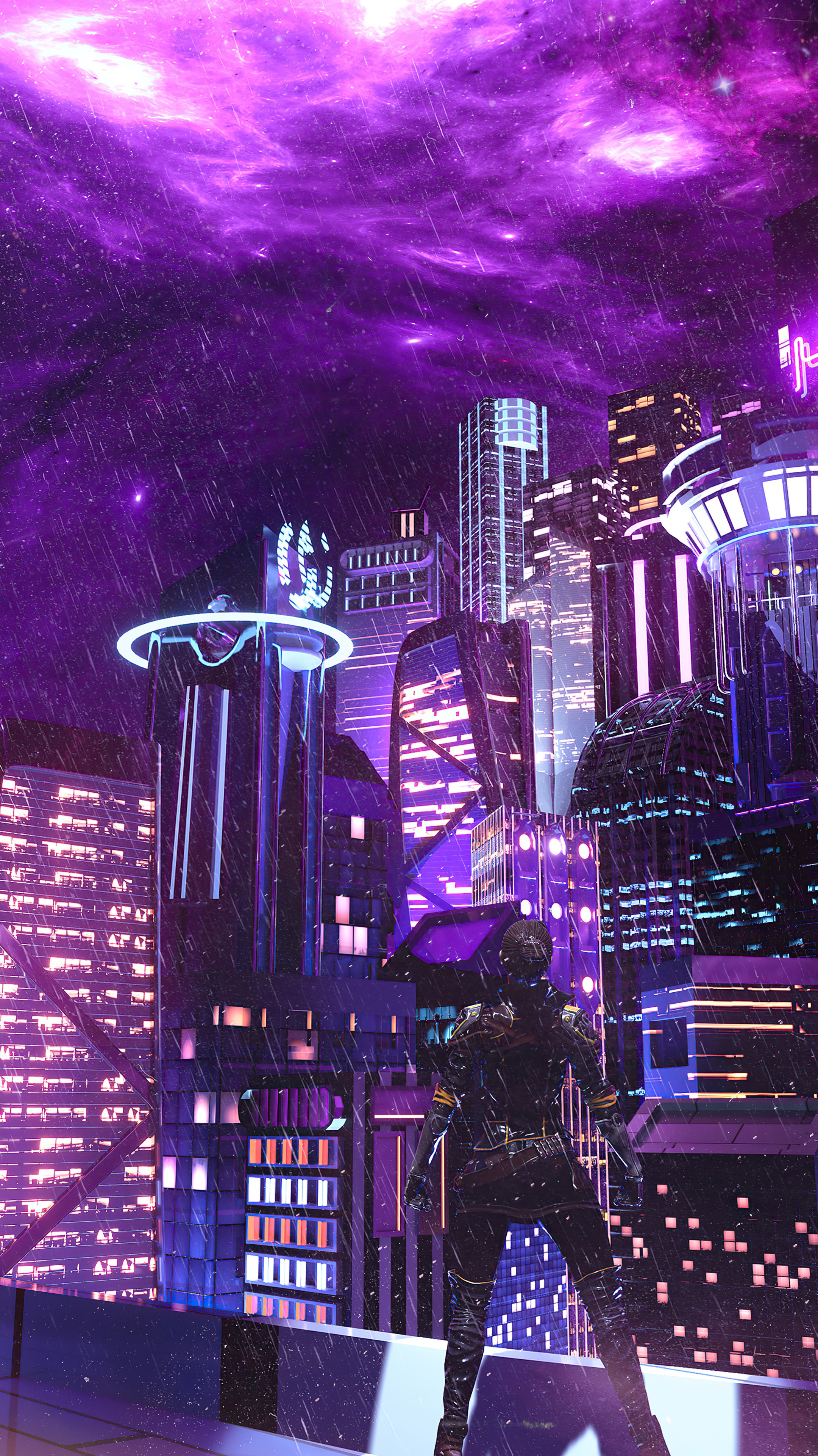 Sci-fi artwork of a figure overlooking a futuristic city at night HD Phone Wallpaper