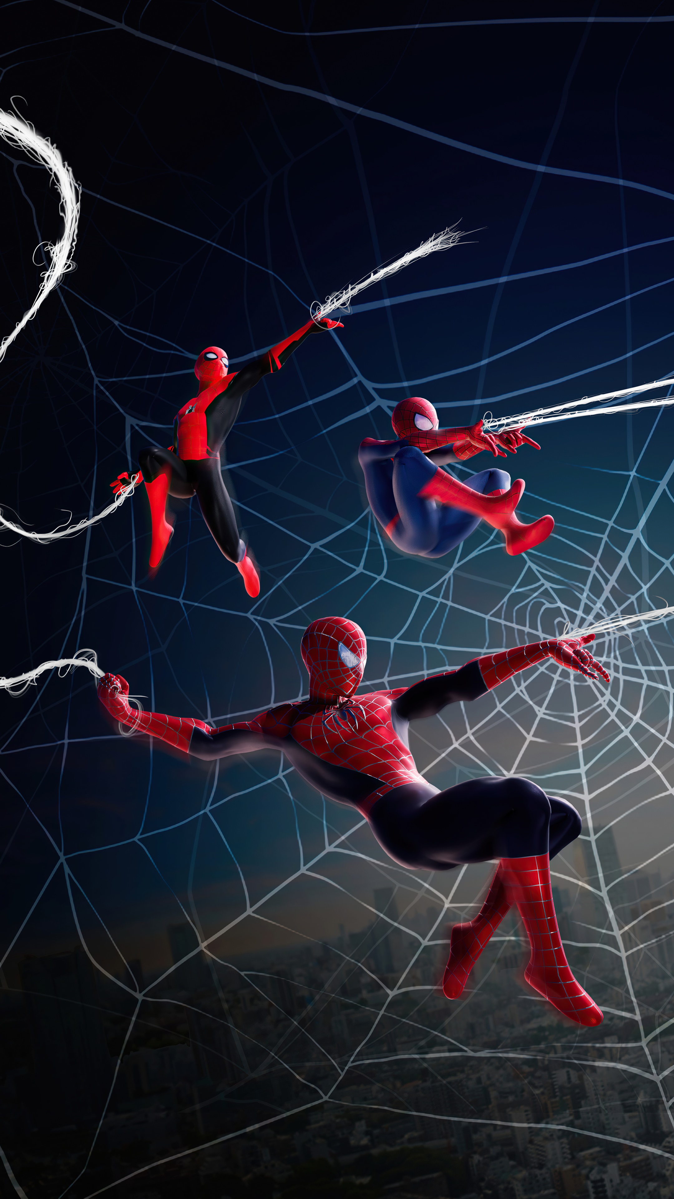 Three Spider-Men on a Web HD Phone Wallpaper