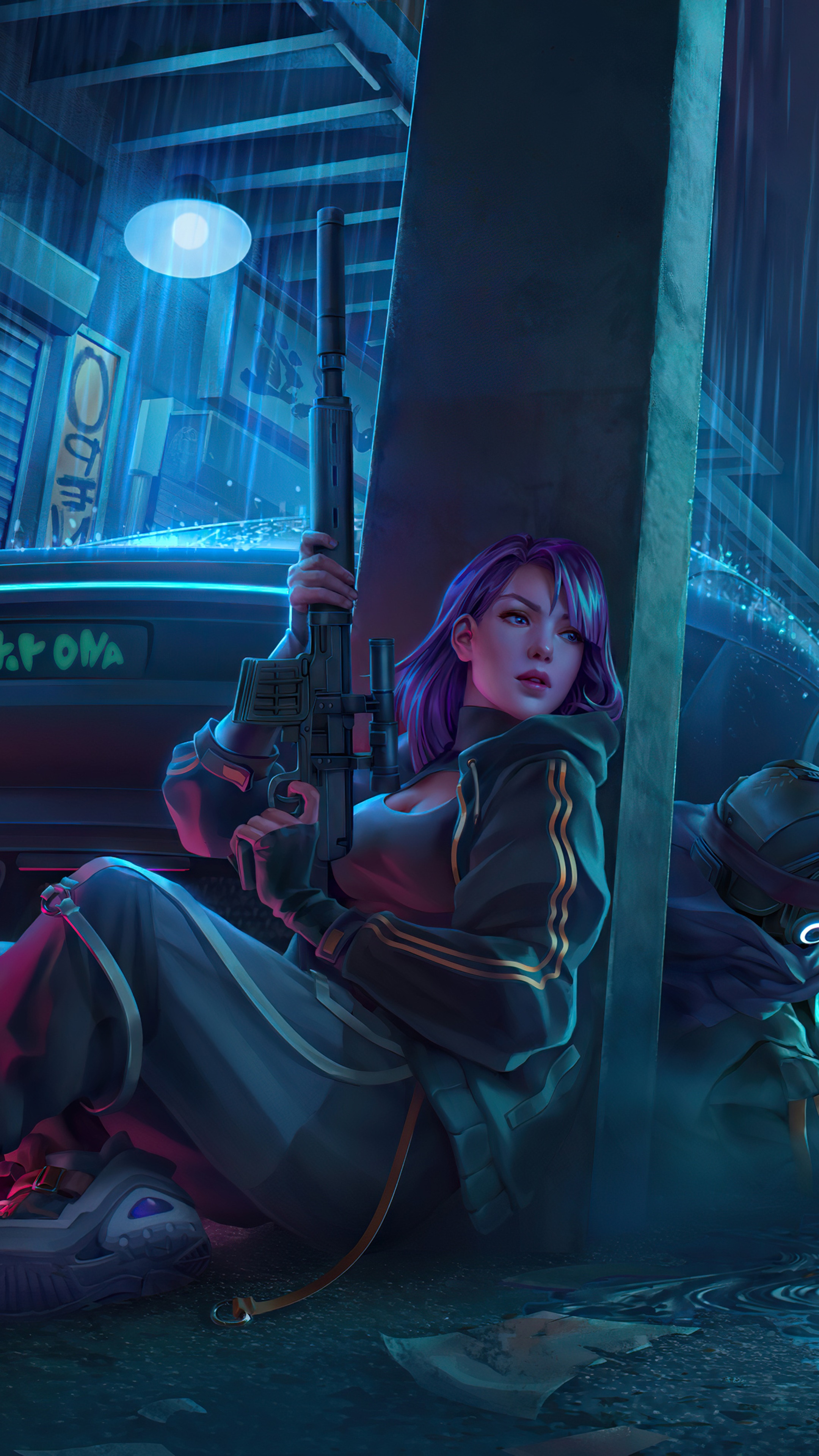 Woman with purple hair holding a sniper rifle in the rain HD Phone Wallpaper