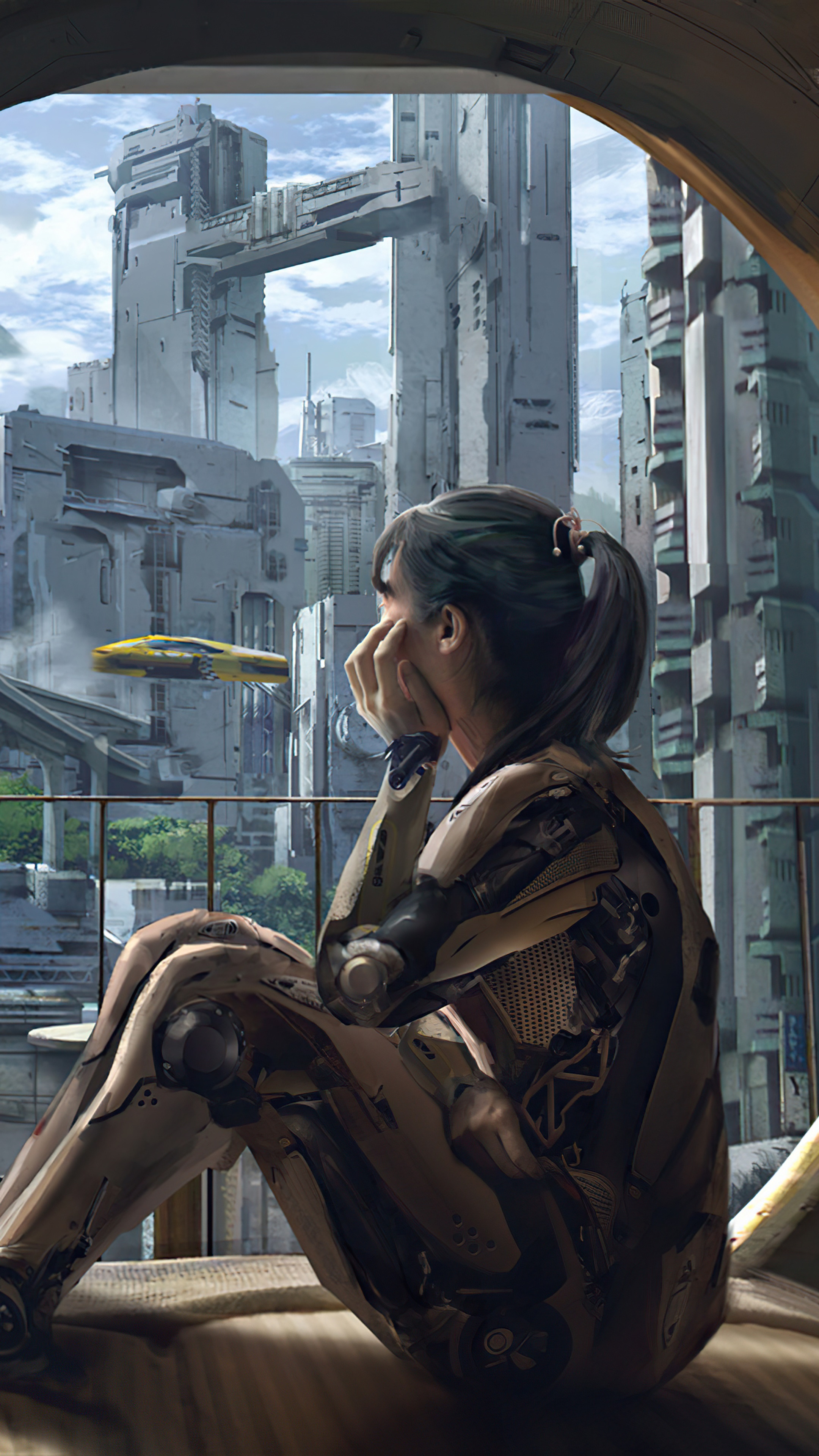 Girl in futuristic armor looking at a sci-fi city HD Phone Wallpaper
