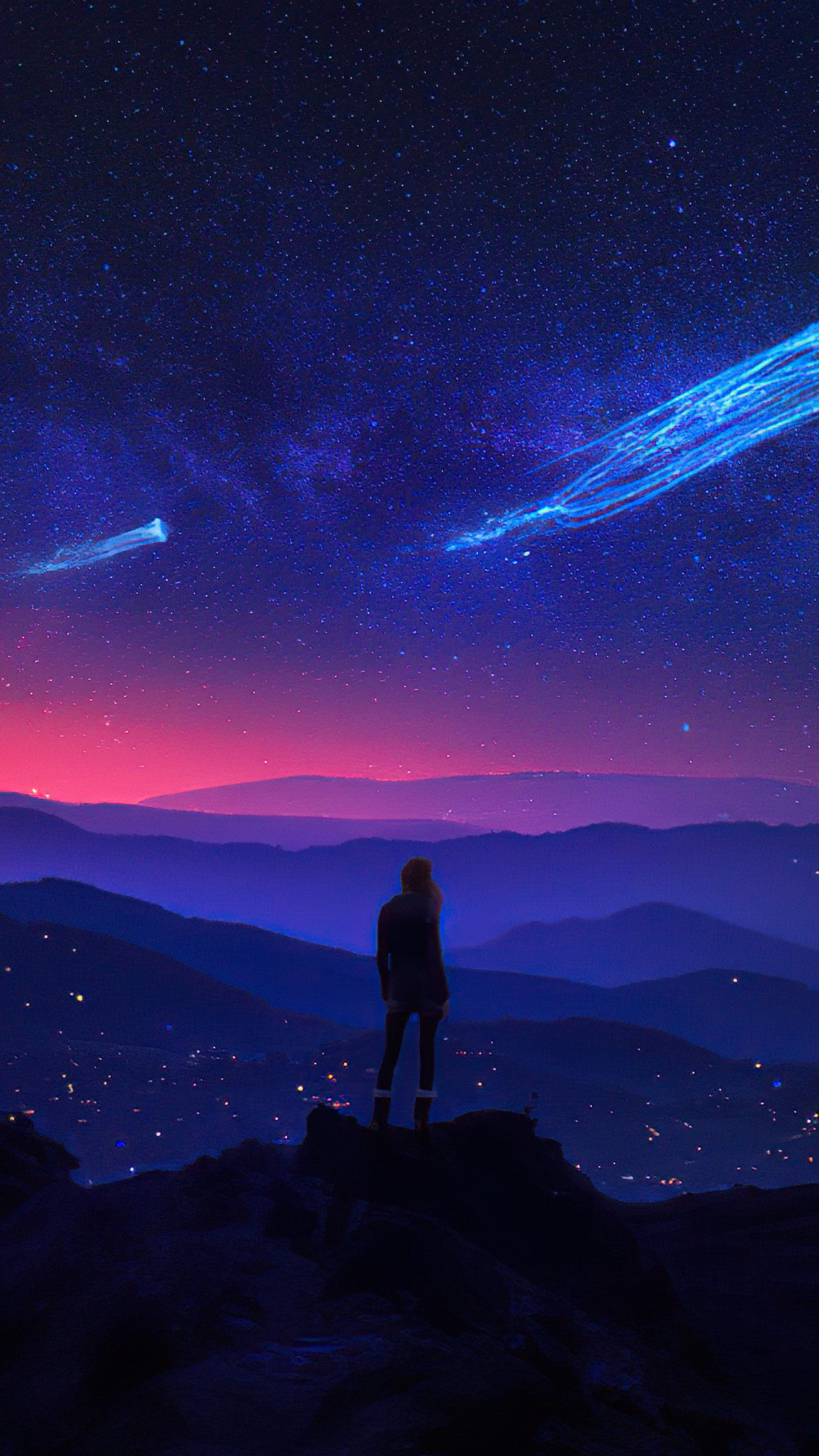 Person watching shooting stars over mountains HD Phone Wallpaper