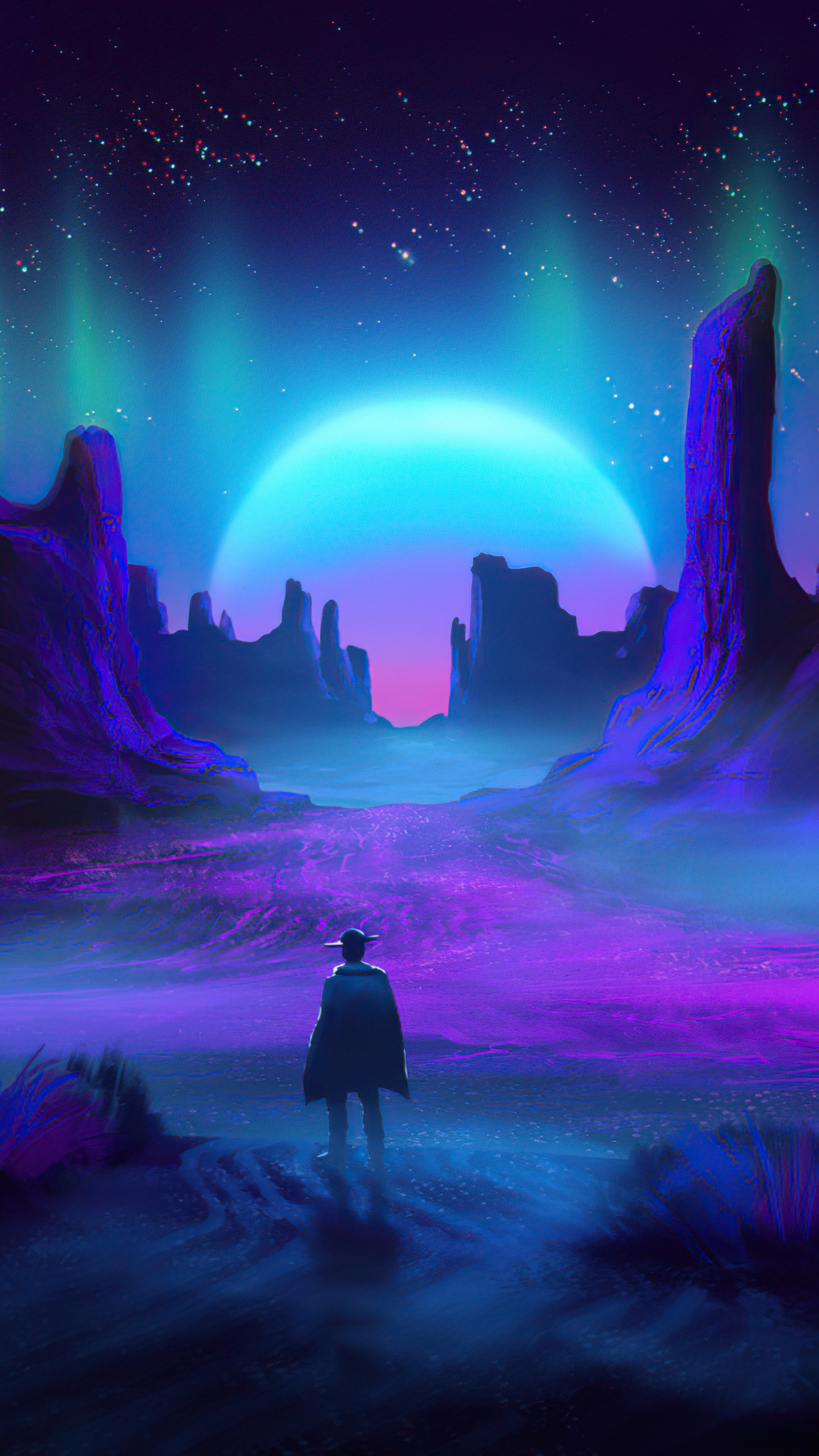 Man in cowboy hat looking at alien landscape with aurora HD Phone Wallpaper