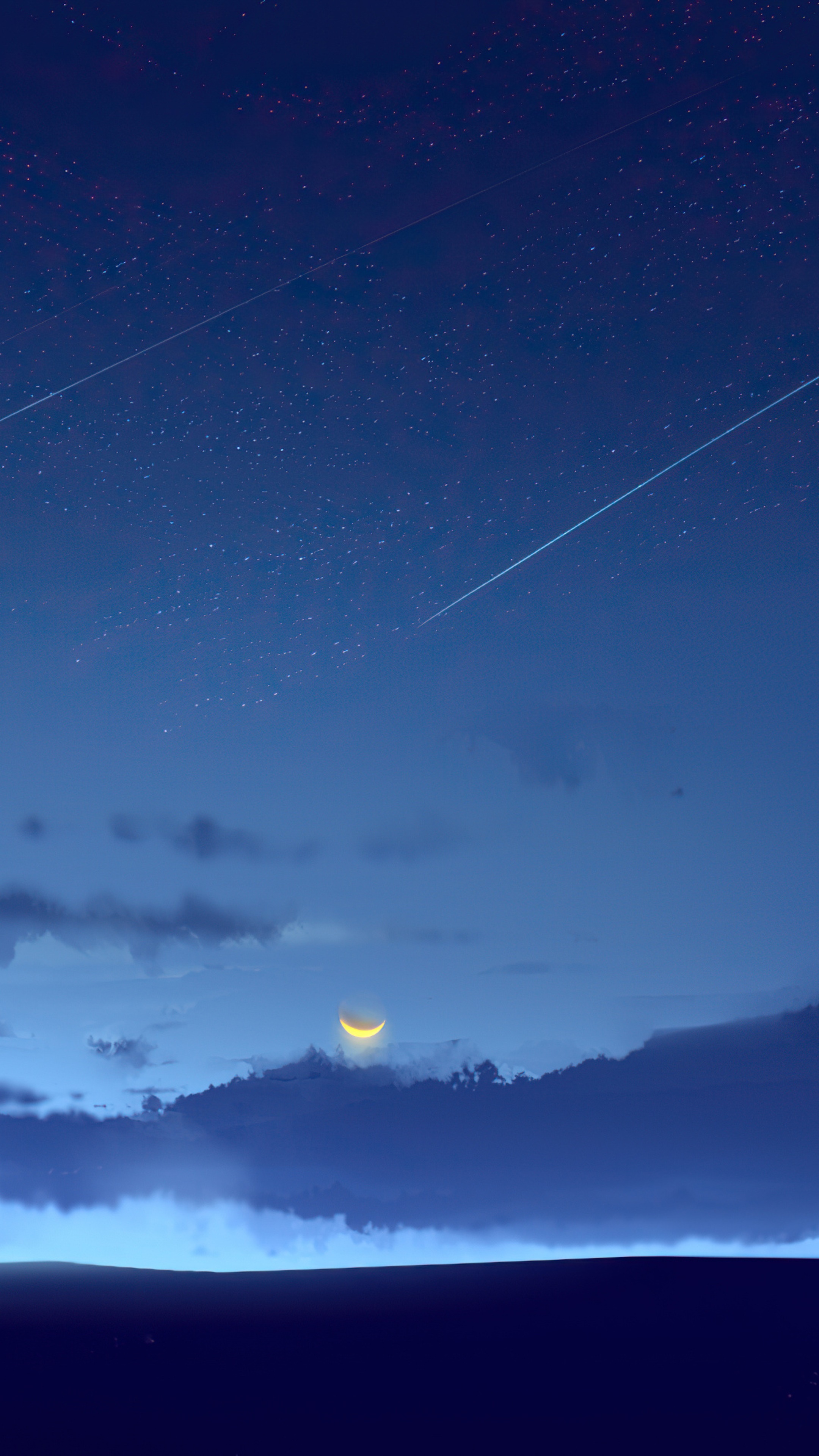 Digital art with shooting stars and crescent moon HD Phone Wallpaper