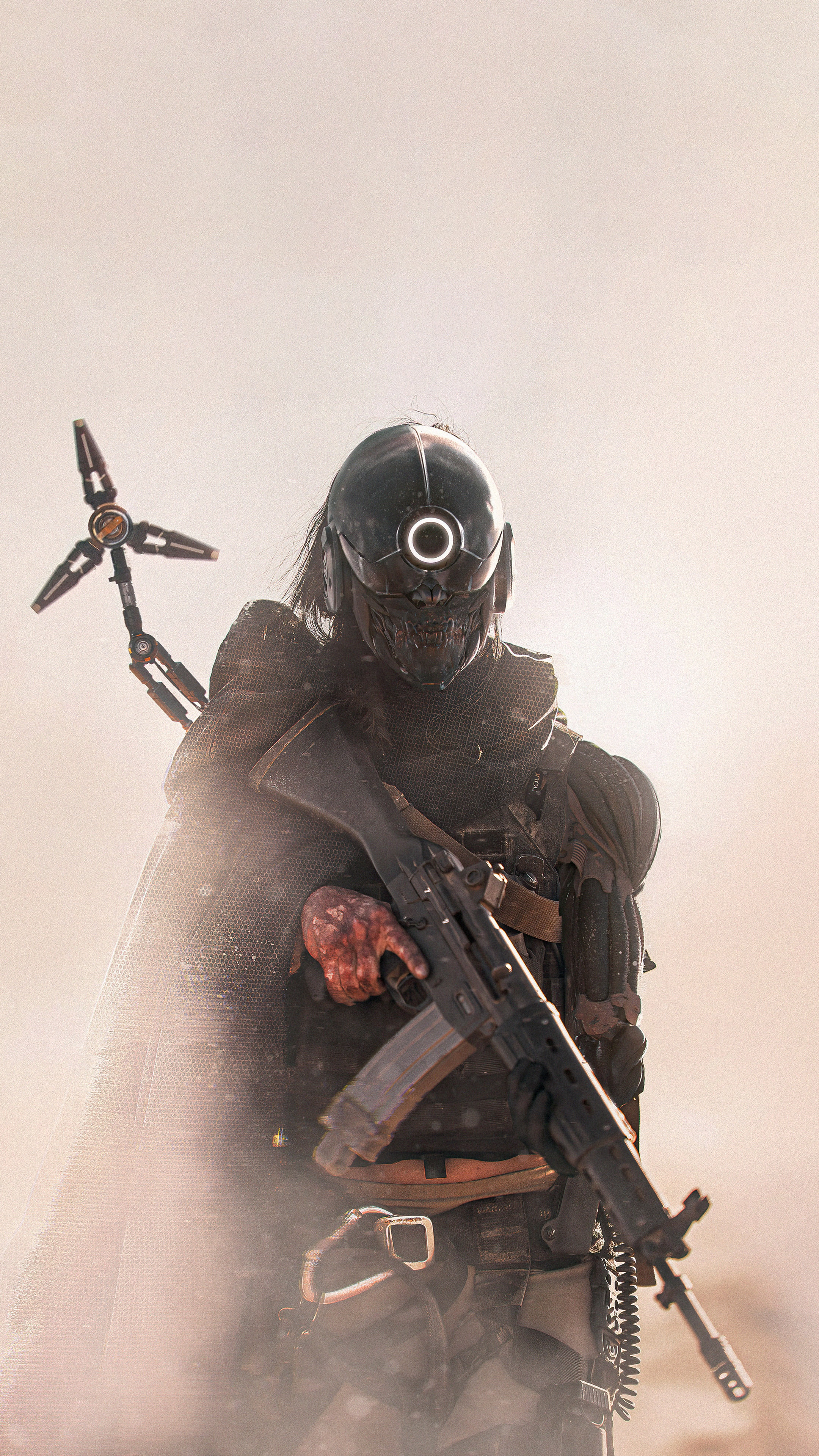 Warrior with rifle and drone HD Phone Wallpaper