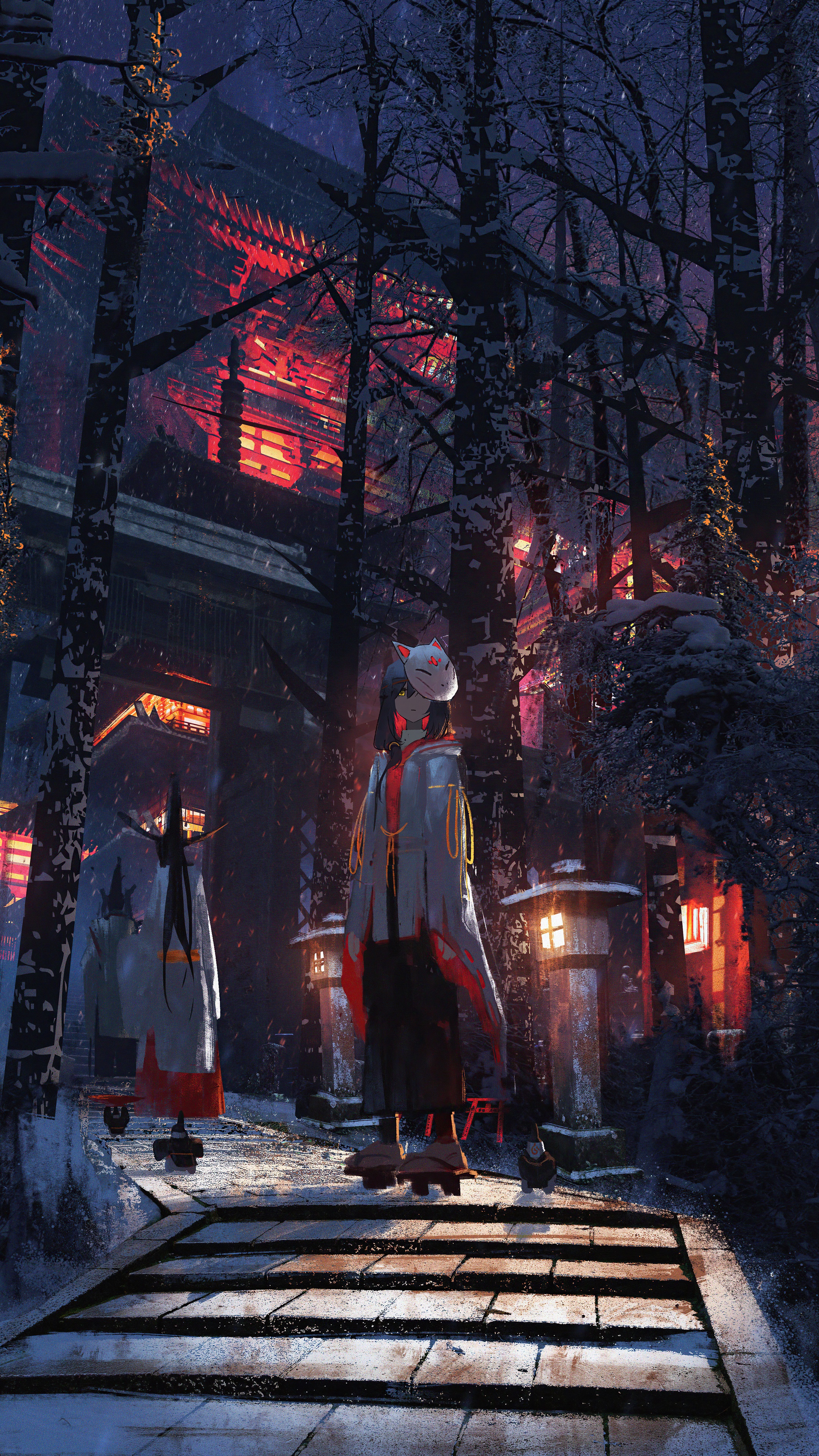 Anime girl with fox mask in snowy shrine HD Phone Wallpaper