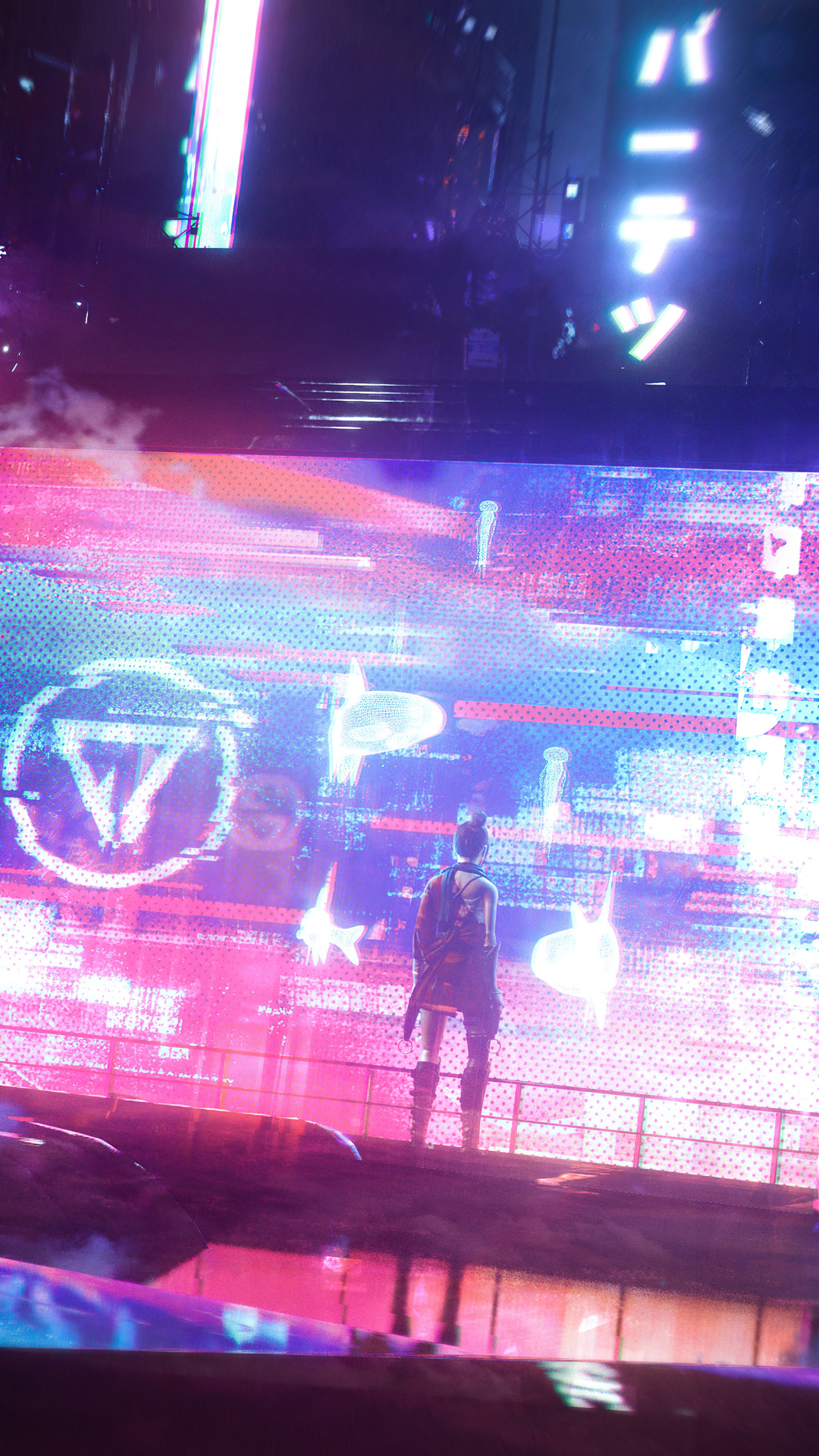Cyberpunk city with a person looking at a digital screen HD Phone Wallpaper