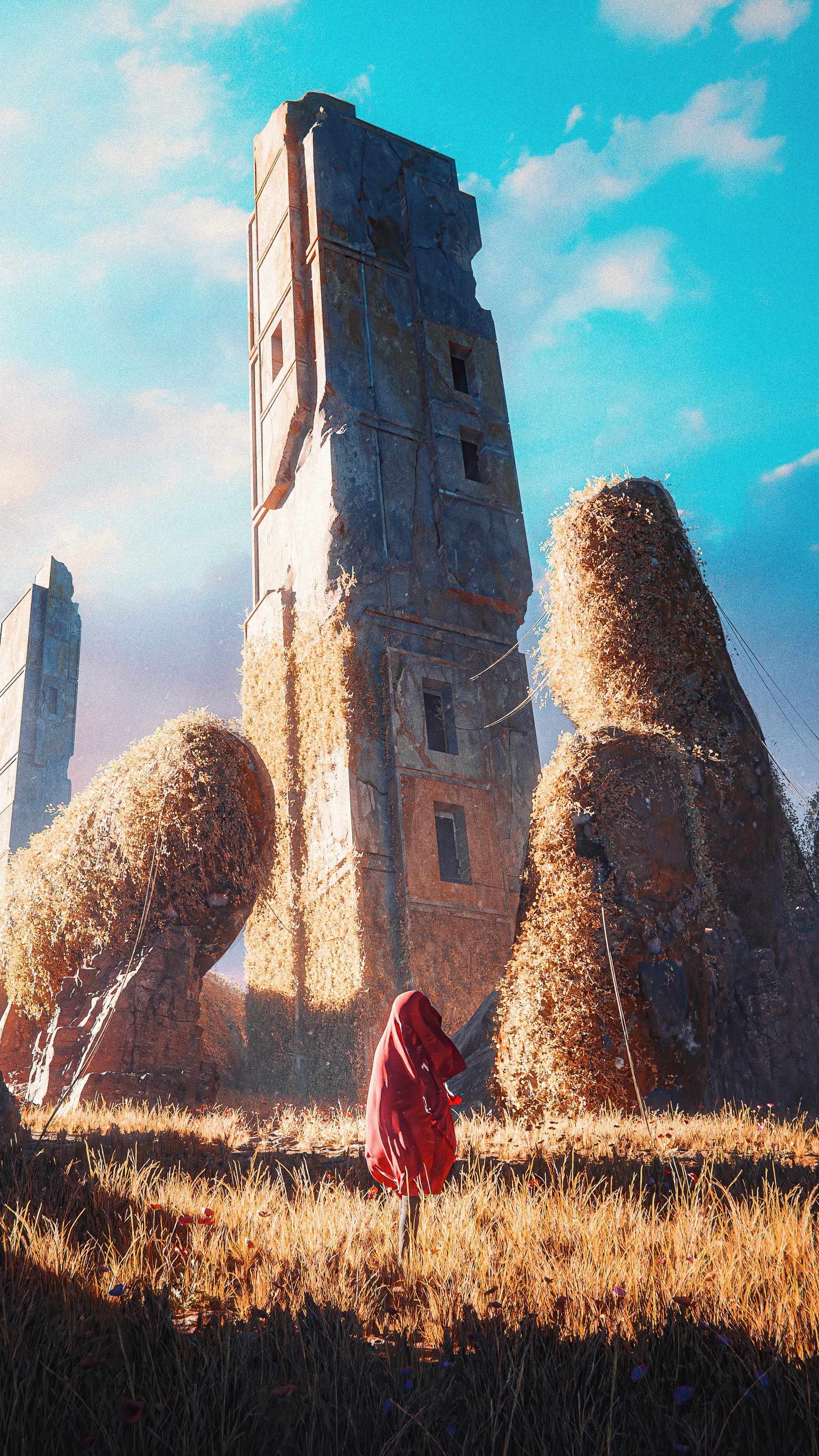 Ruined towers and a person in a red cloak HD Phone Wallpaper