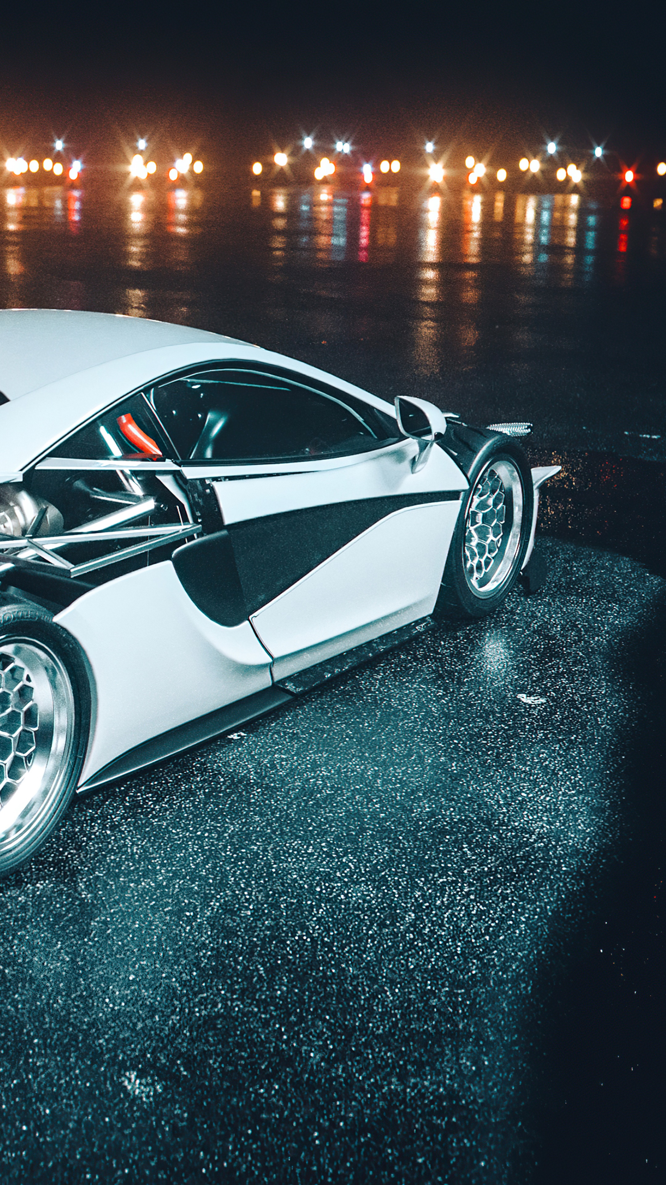 White McLaren 570S on wet road at night HD Phone Wallpaper