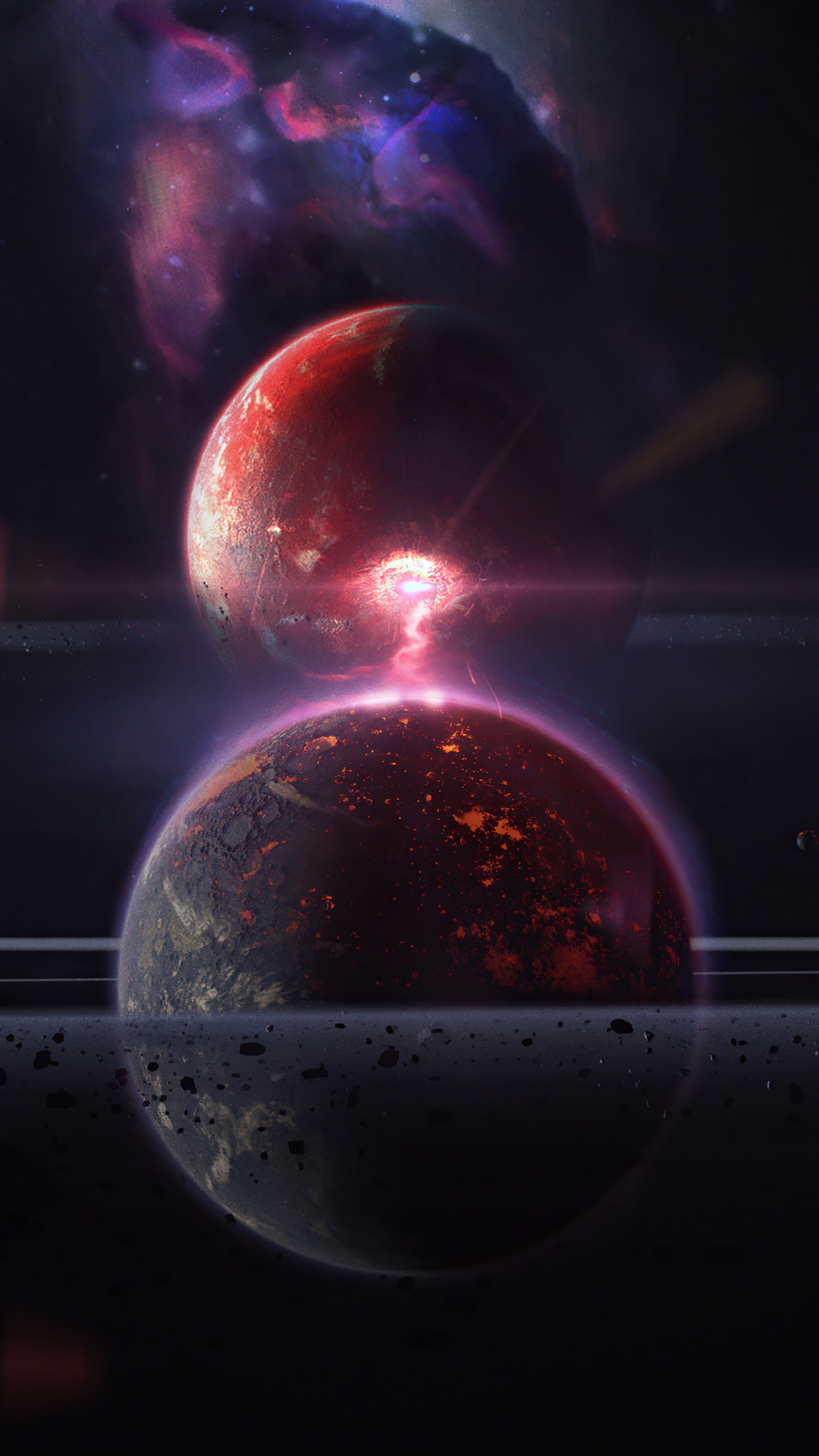 Planets in a nebula with asteroid belt HD Phone Wallpaper